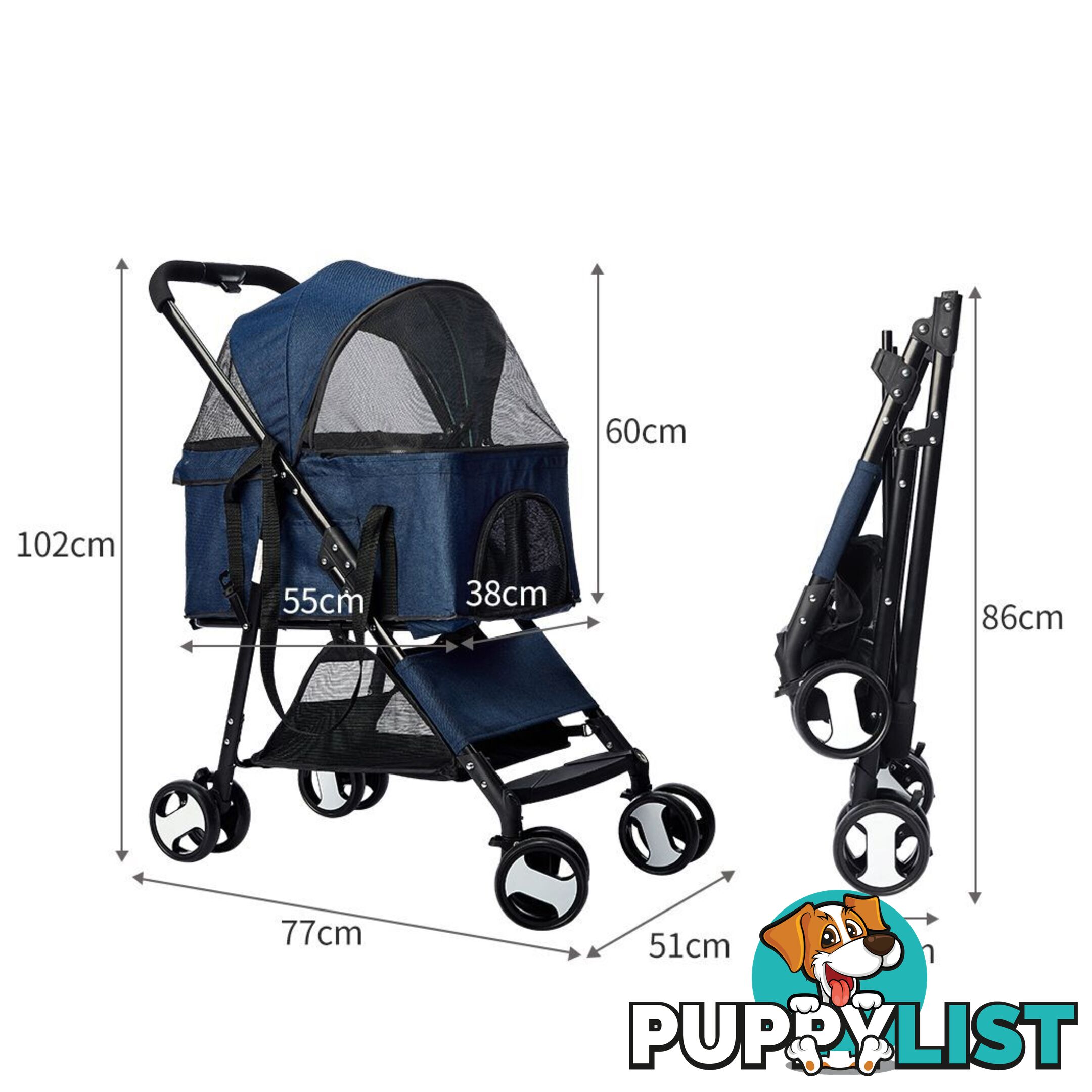 Pet Stroller Dog Cat Pram Foldable Carrier 4 Wheels Large Travel Pushchair Blue - WB-ST1004-BL