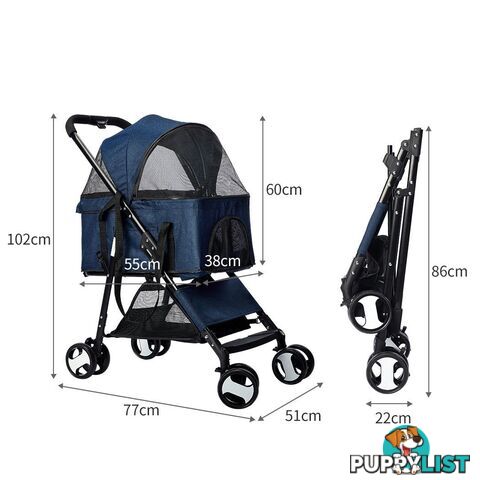 Pet Stroller Dog Cat Pram Foldable Carrier 4 Wheels Large Travel Pushchair Blue - WB-ST1004-BL