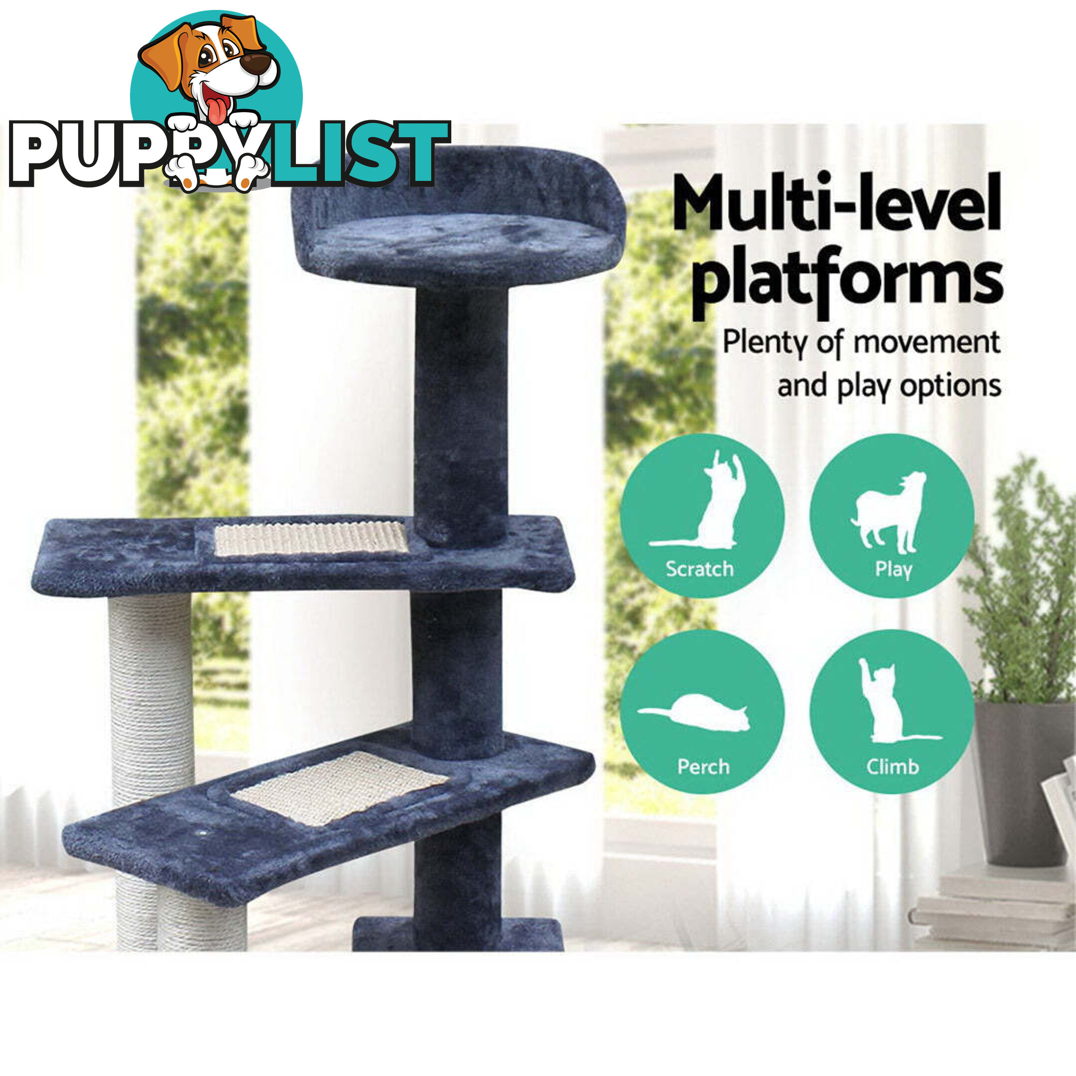 i.Pet Cat Tree 100cm Scratching Post Scratcher Tower Wood Condo House Trees Bed - PET-CAT-WT02-GR