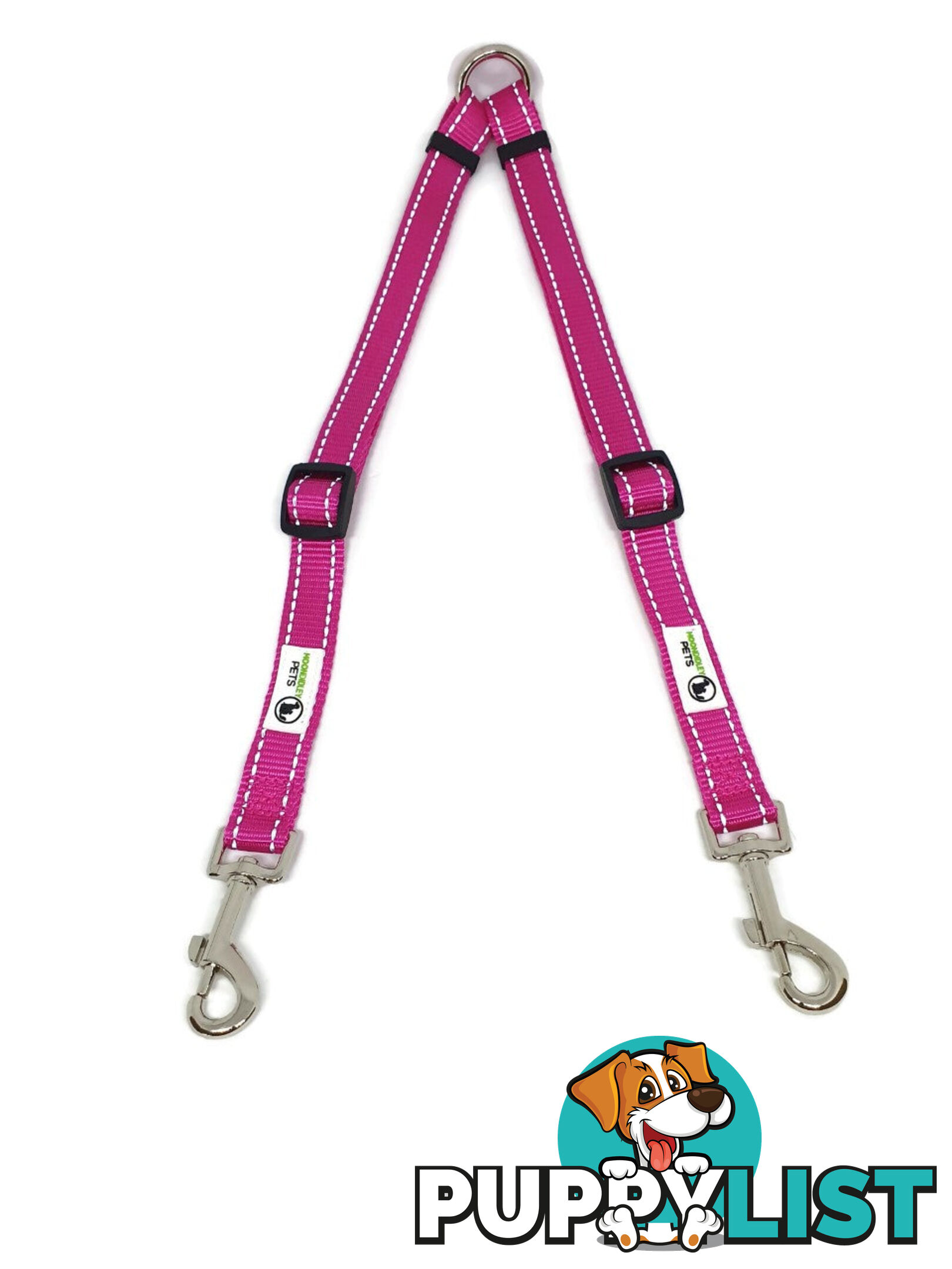 2 Dog Double Lead Coupler, Nylon w/Reflective Stitching - Moondidley Pets - MDPLDCOUSPNK
