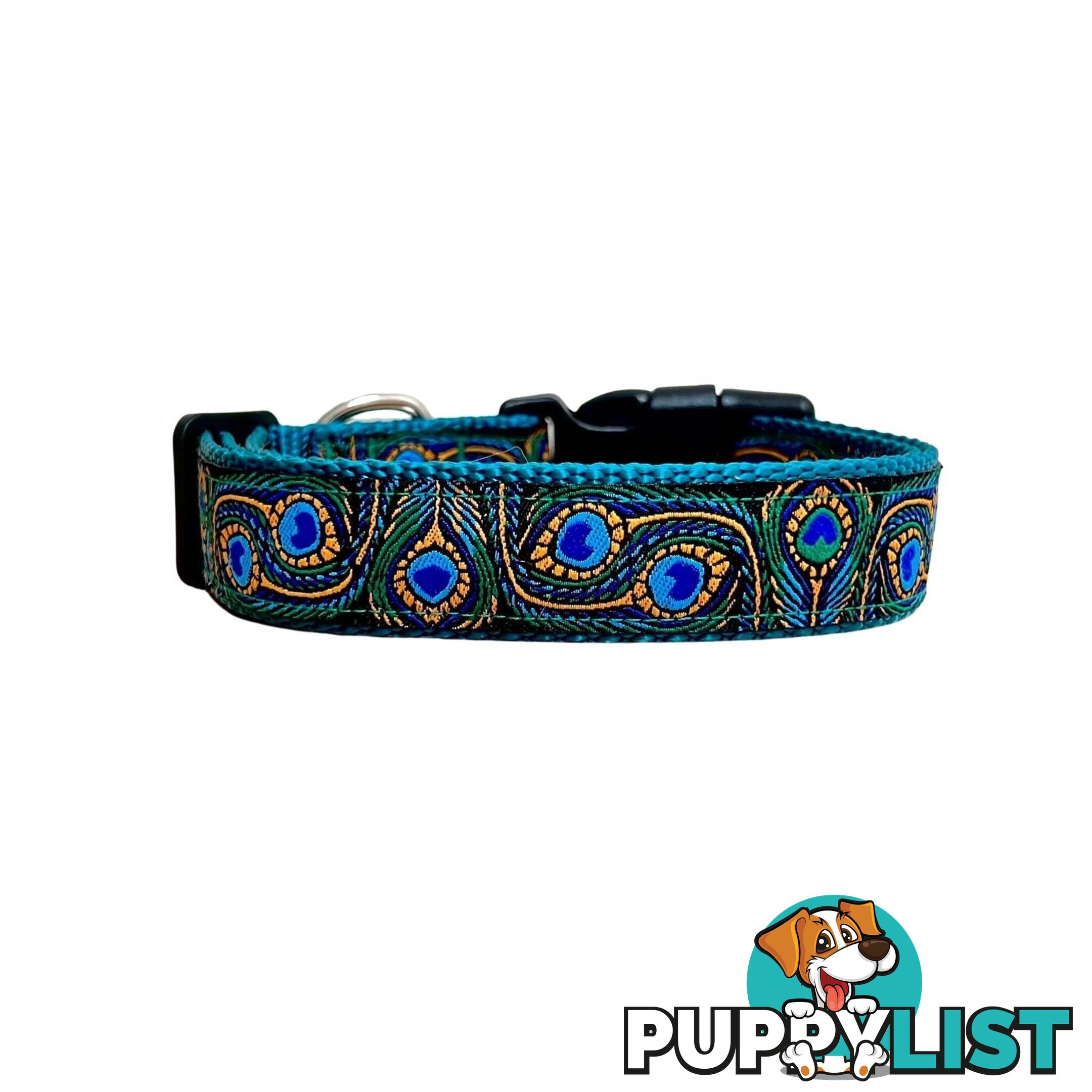 Peacock Feather Dog Collar - Hand Made by The Bark Side - TBSPEALGEBLU