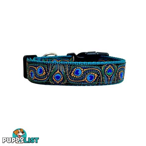 Peacock Feather Dog Collar - Hand Made by The Bark Side - TBSPEALGEBLU