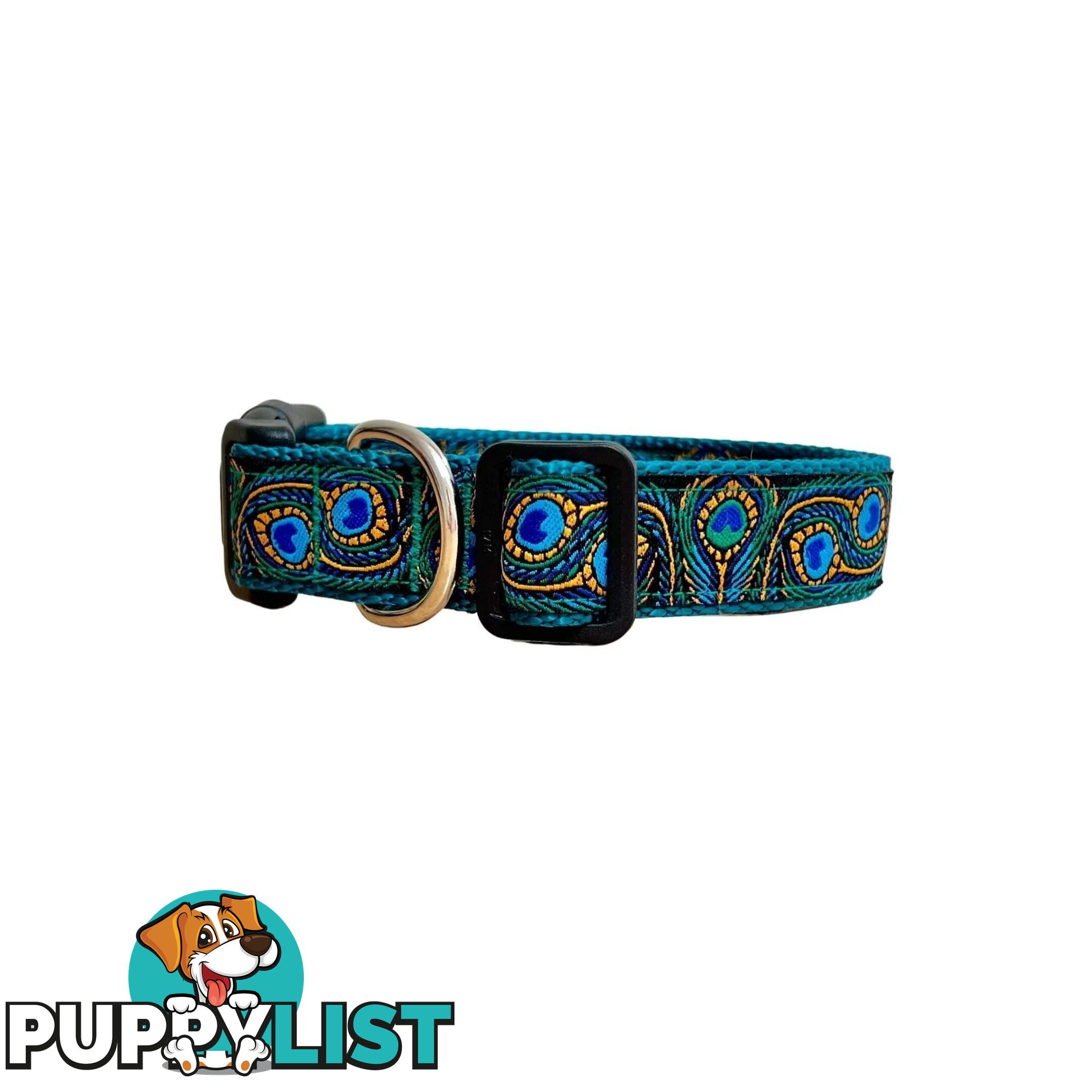 Peacock Feather Dog Collar - Hand Made by The Bark Side - TBSPEALGEBLU