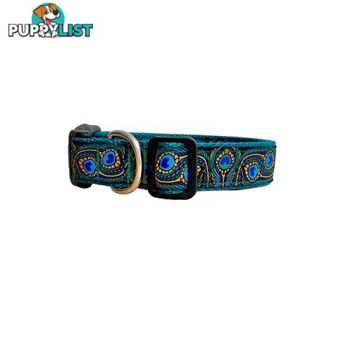 Peacock Feather Dog Collar - Hand Made by The Bark Side - TBSPEALGEBLU