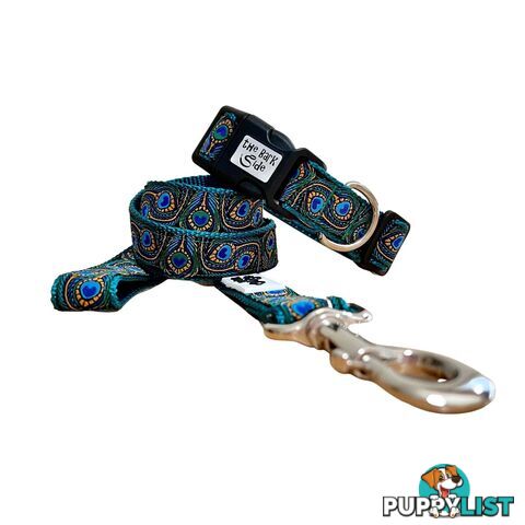 Peacock Feather Dog Collar - Hand Made by The Bark Side - TBSPEALGEBLU