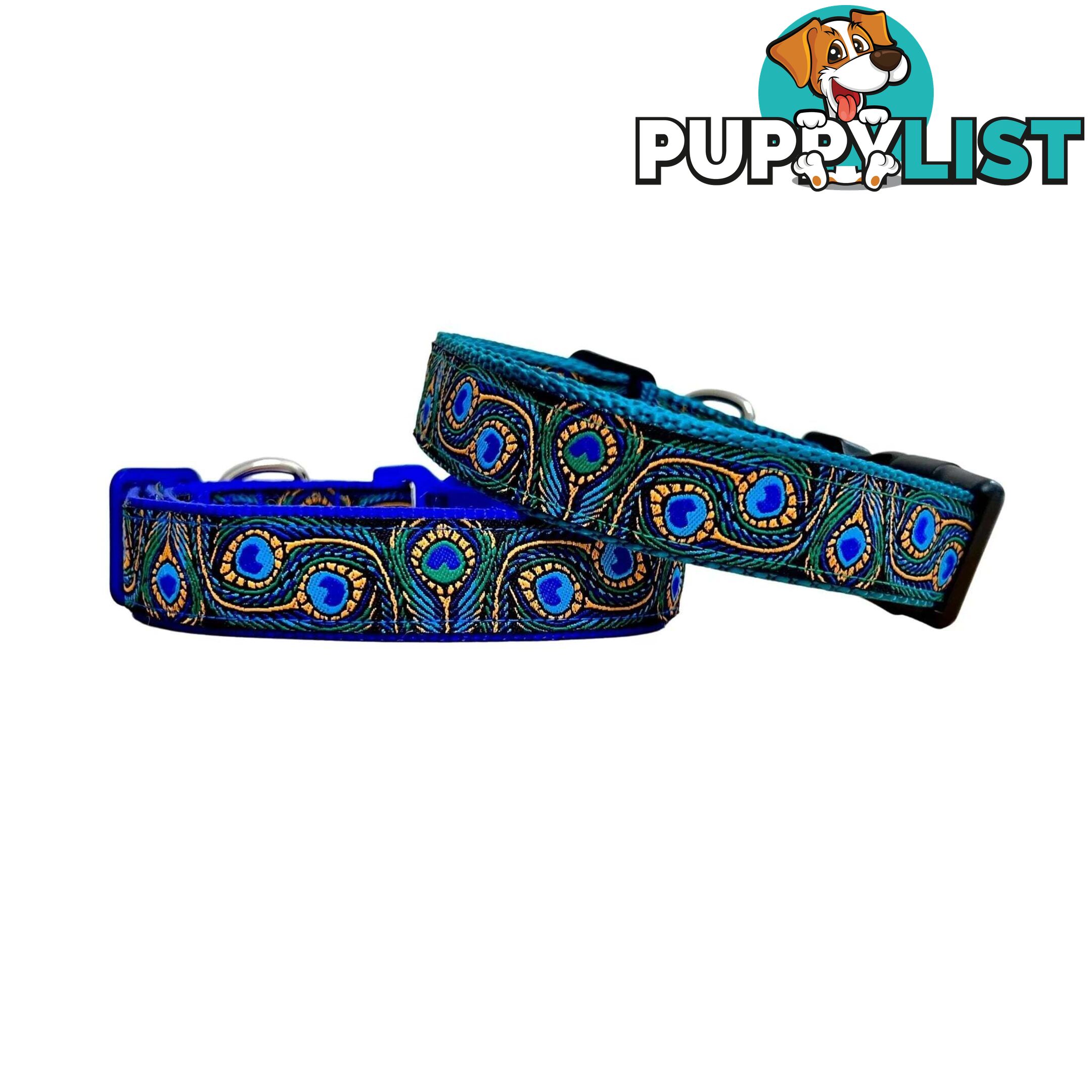 Peacock Feather Dog Collar - Hand Made by The Bark Side - TBSPEALGEBLU