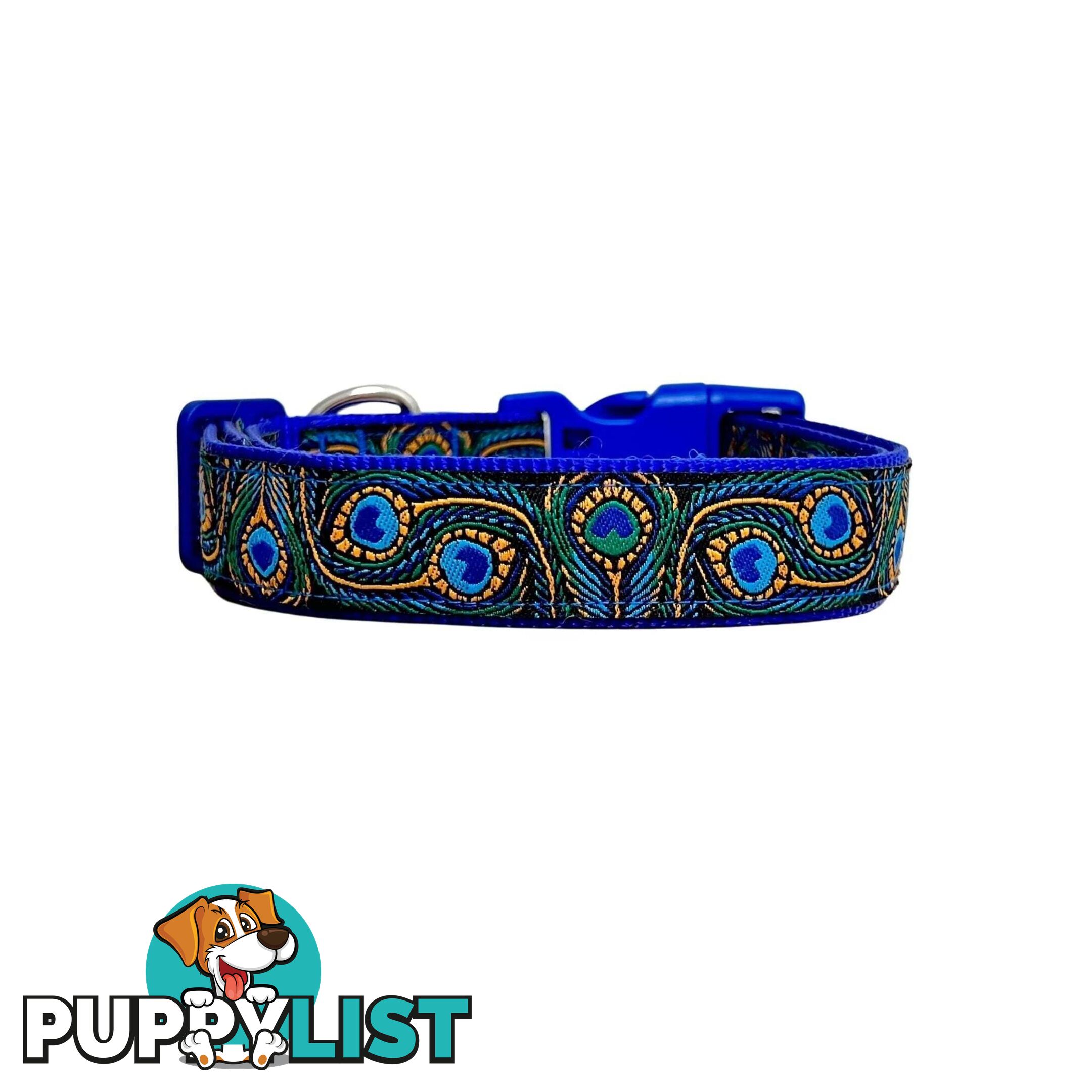 Peacock Feather Dog Collar - Hand Made by The Bark Side - TBSPEALGEBLU