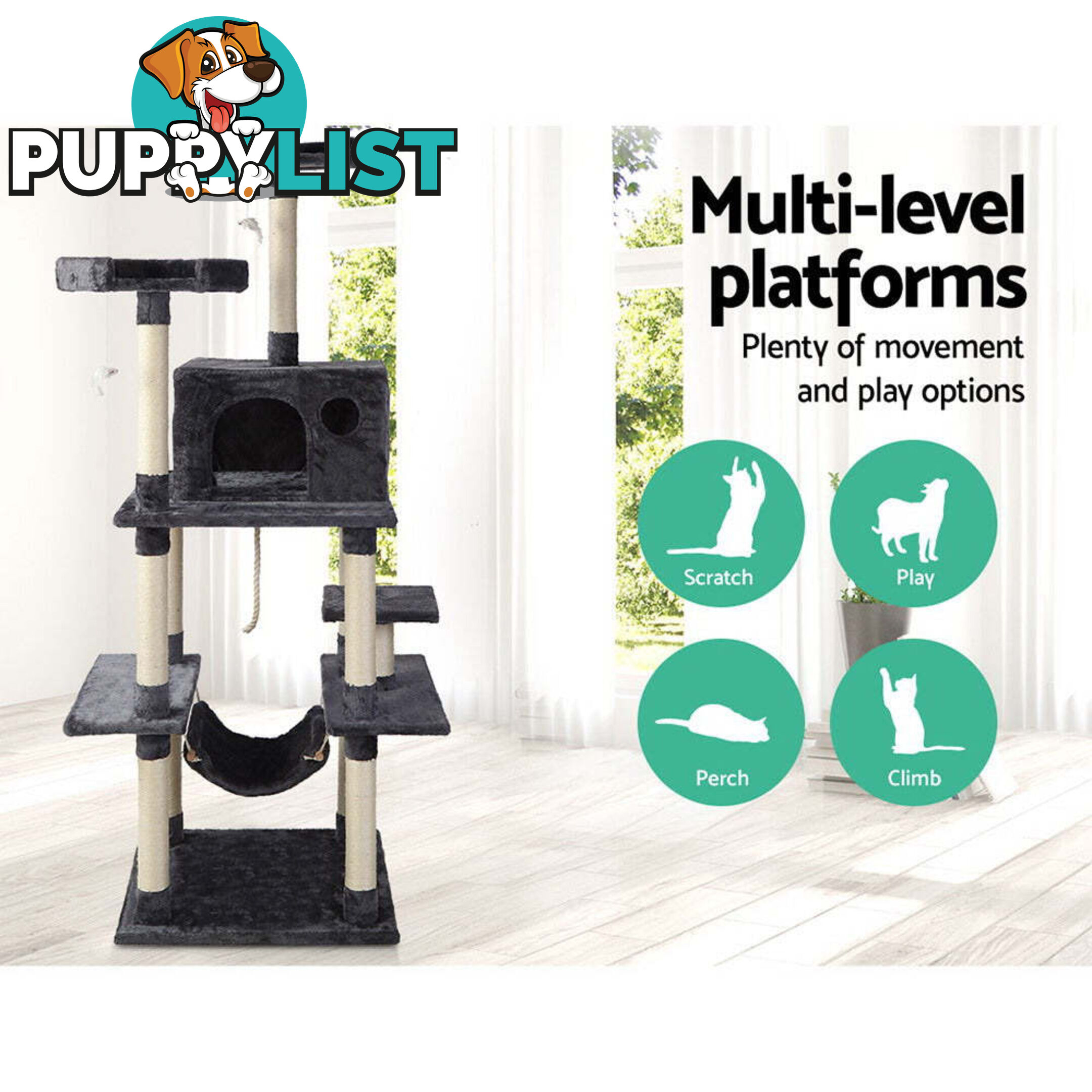i.Pet Cat Tree 184cm Tower Scratching Post Scratcher Wood Trees Condo Bed House - PET-CAT-FL09-GR