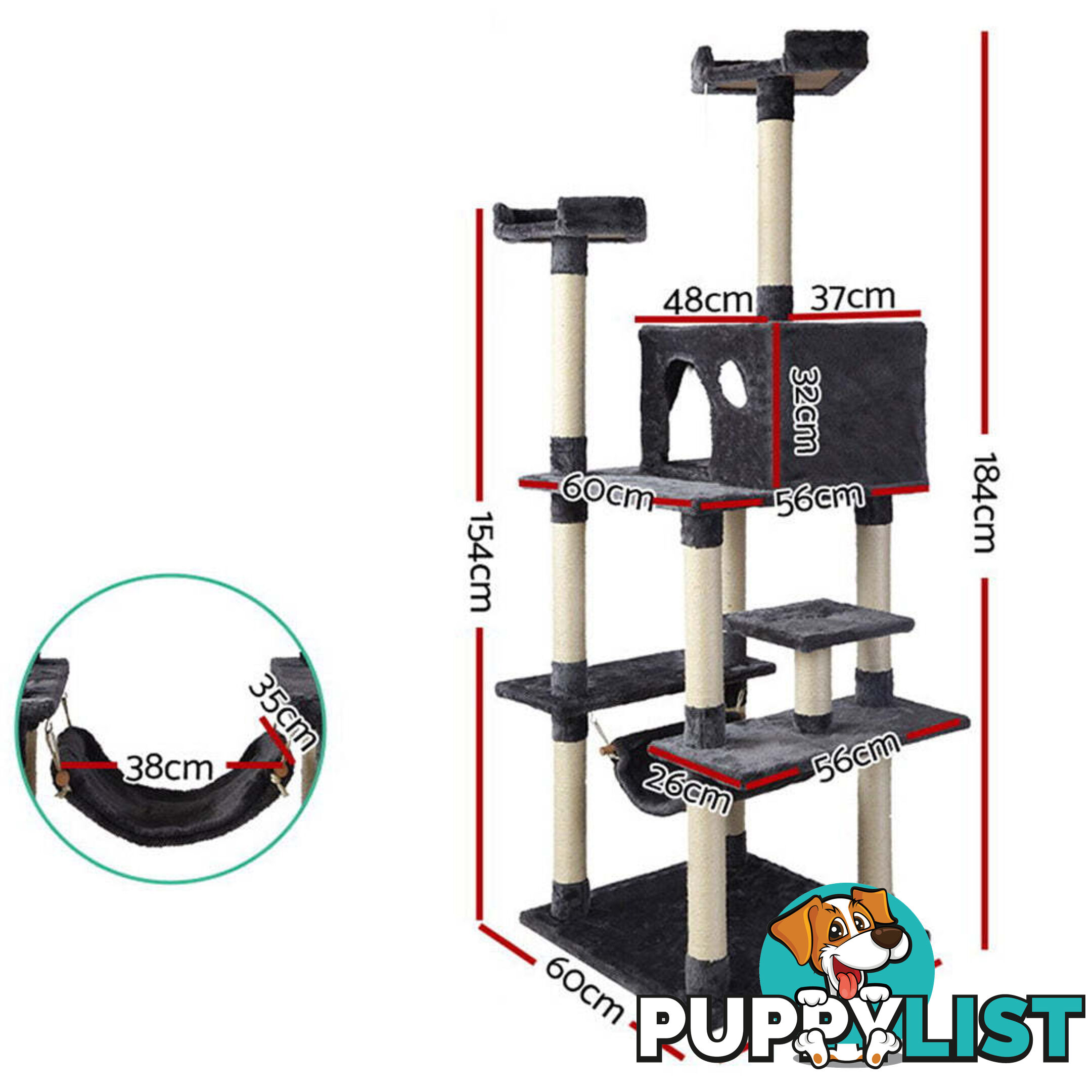 i.Pet Cat Tree 184cm Tower Scratching Post Scratcher Wood Trees Condo Bed House - PET-CAT-FL09-GR