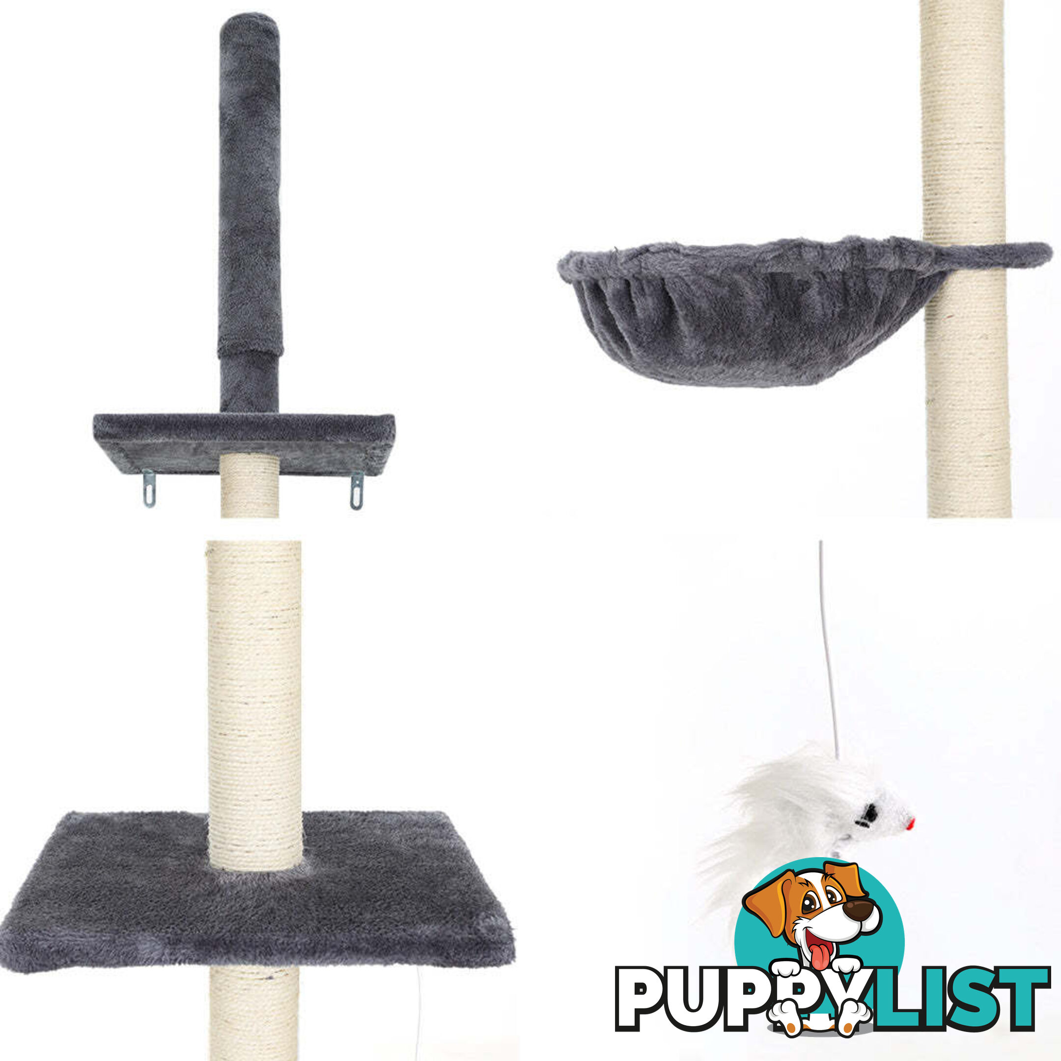 i.Pet Cat Tree 260cm Tower Scratching Post Scratcher Floor to Ceiling Cats Bed Dark Grey - PET-CAT-POLE-DKGR