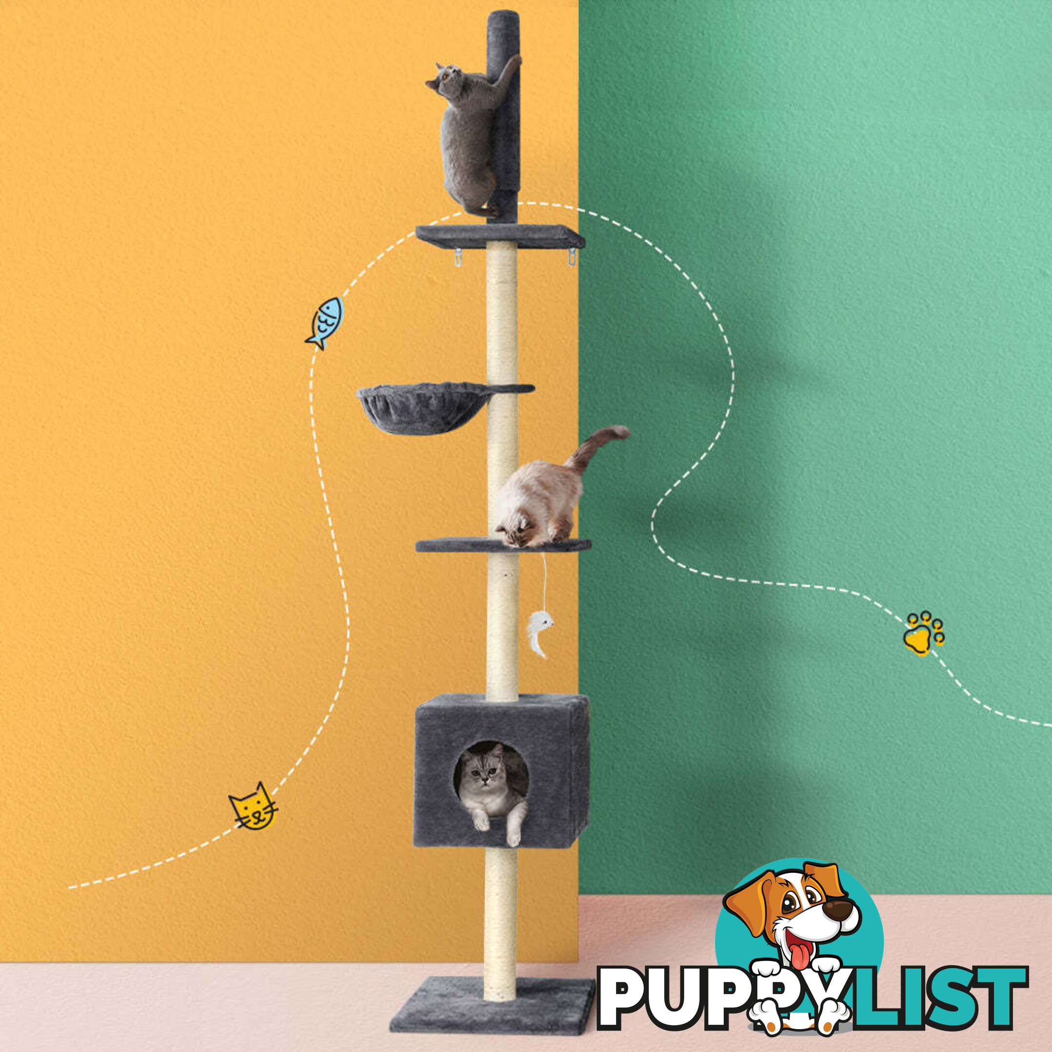 i.Pet Cat Tree 260cm Tower Scratching Post Scratcher Floor to Ceiling Cats Bed Dark Grey - PET-CAT-POLE-DKGR