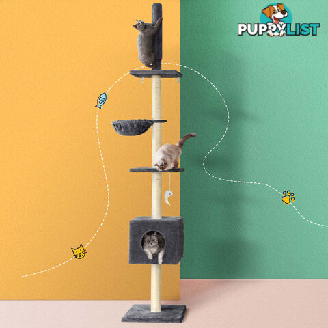 i.Pet Cat Tree 260cm Tower Scratching Post Scratcher Floor to Ceiling Cats Bed Dark Grey - PET-CAT-POLE-DKGR