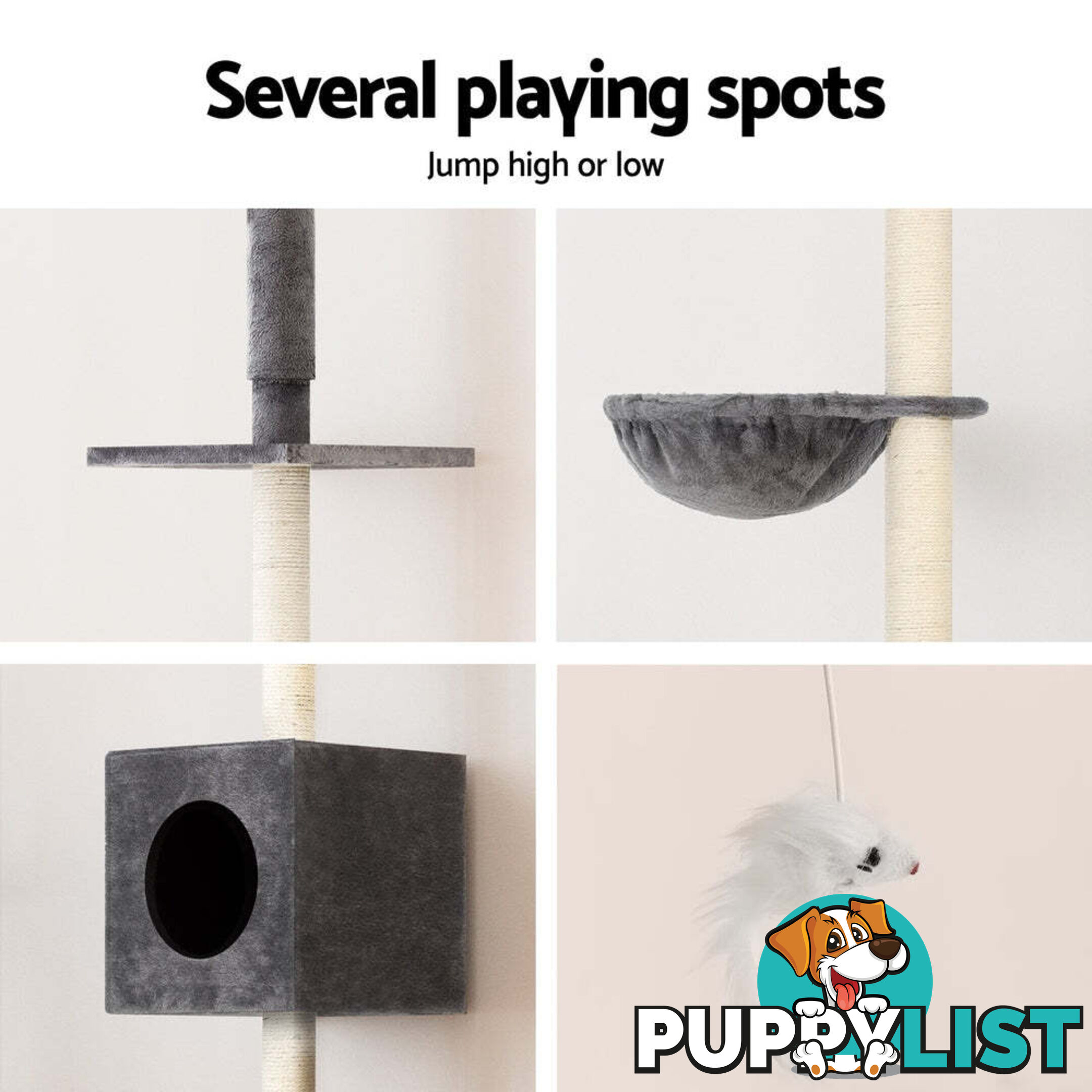 i.Pet Cat Tree 260cm Tower Scratching Post Scratcher Floor to Ceiling Cats Bed Dark Grey - PET-CAT-POLE-DKGR