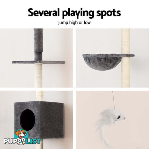 i.Pet Cat Tree 260cm Tower Scratching Post Scratcher Floor to Ceiling Cats Bed Dark Grey - PET-CAT-POLE-DKGR