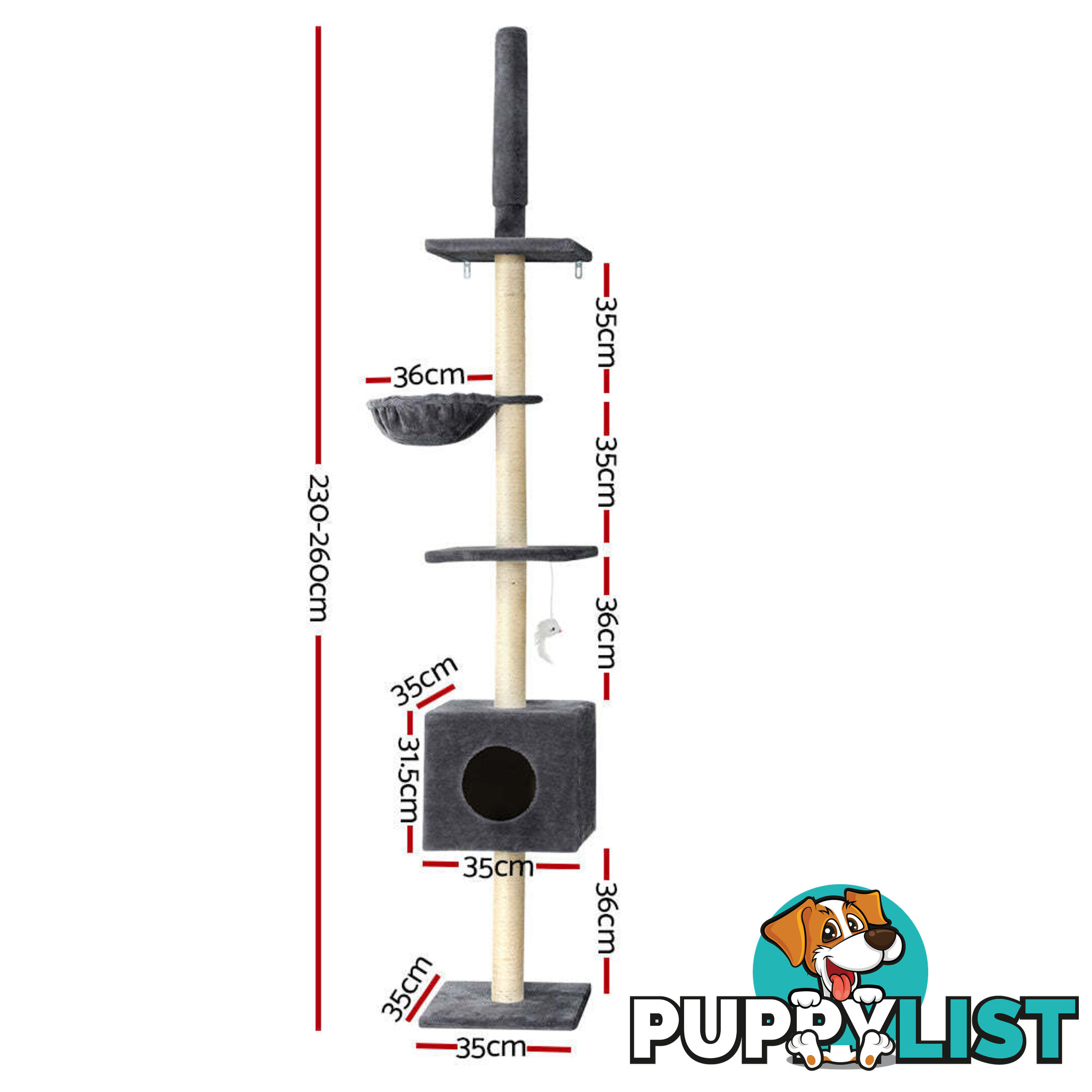 i.Pet Cat Tree 260cm Tower Scratching Post Scratcher Floor to Ceiling Cats Bed Dark Grey - PET-CAT-POLE-DKGR