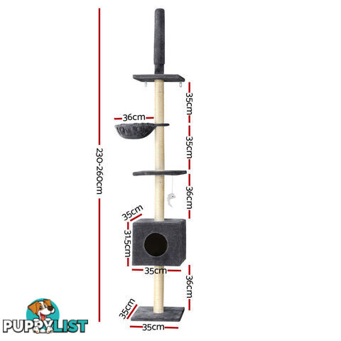 i.Pet Cat Tree 260cm Tower Scratching Post Scratcher Floor to Ceiling Cats Bed Dark Grey - PET-CAT-POLE-DKGR
