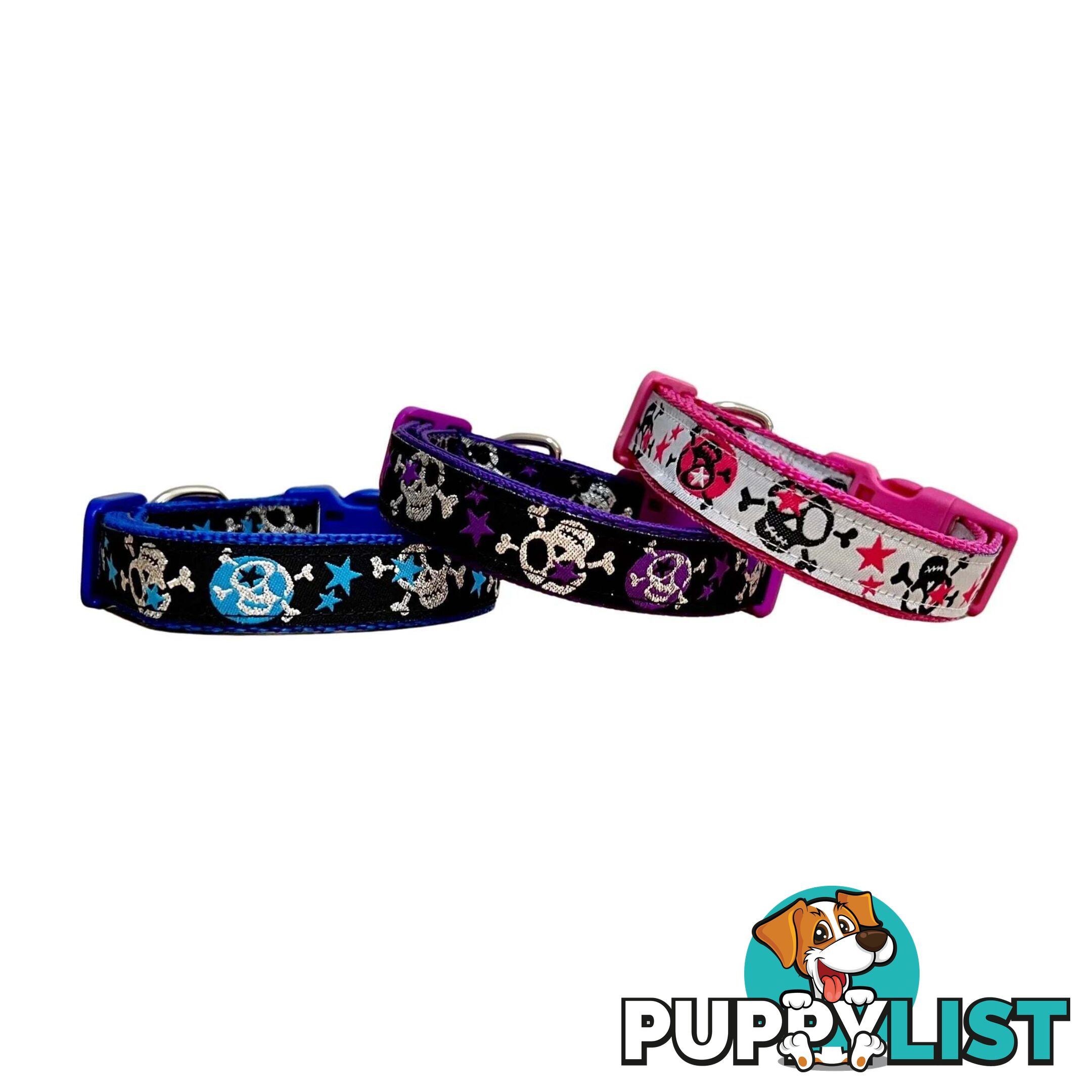 Skulls & Stars Dog Collar - Hand Made by The Bark Side - TBSSKUMEDPUR