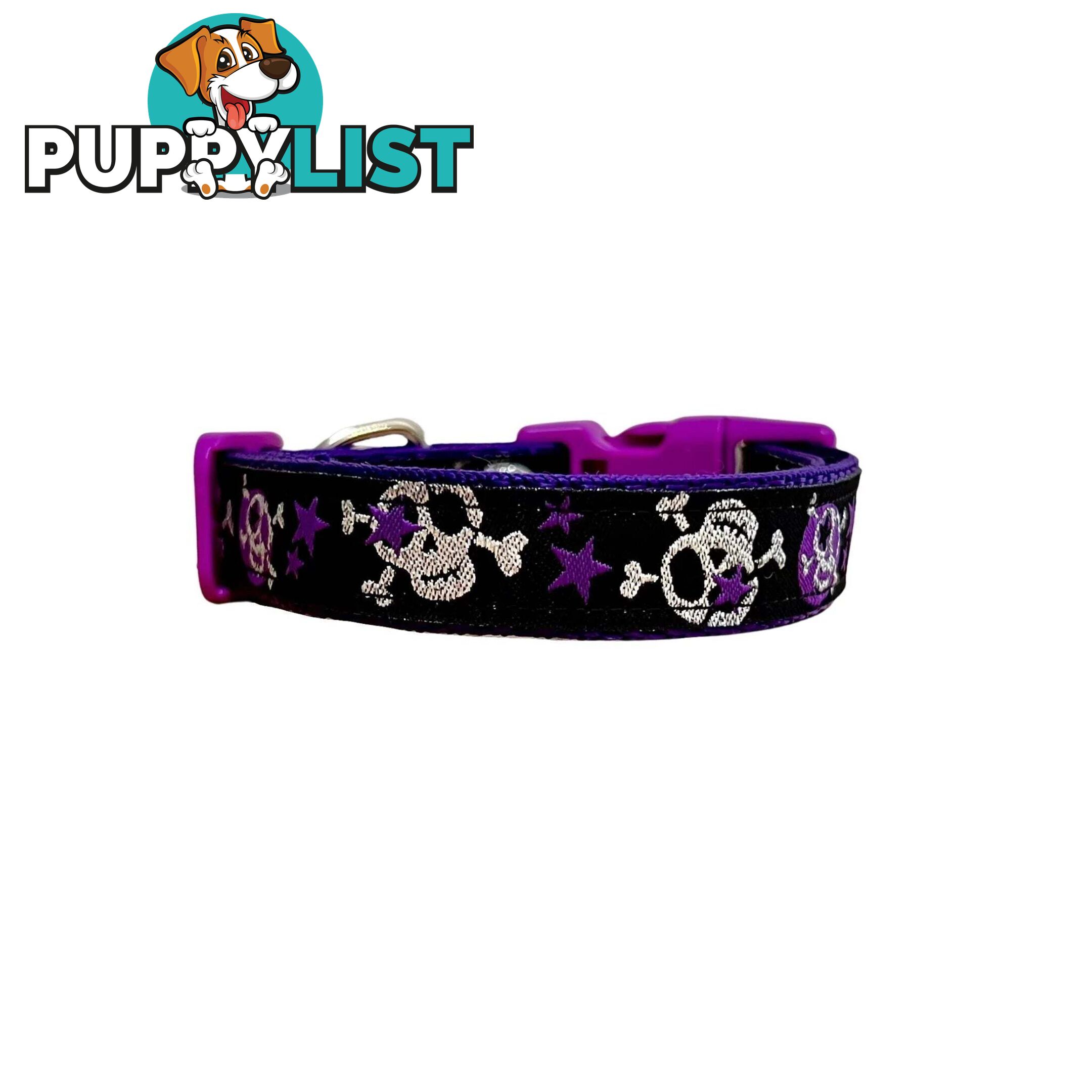 Skulls & Stars Dog Collar - Hand Made by The Bark Side - TBSSKUMEDPUR