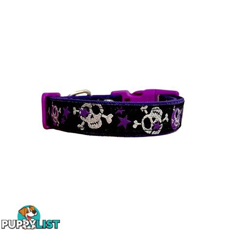 Skulls & Stars Dog Collar - Hand Made by The Bark Side - TBSSKUMEDPUR