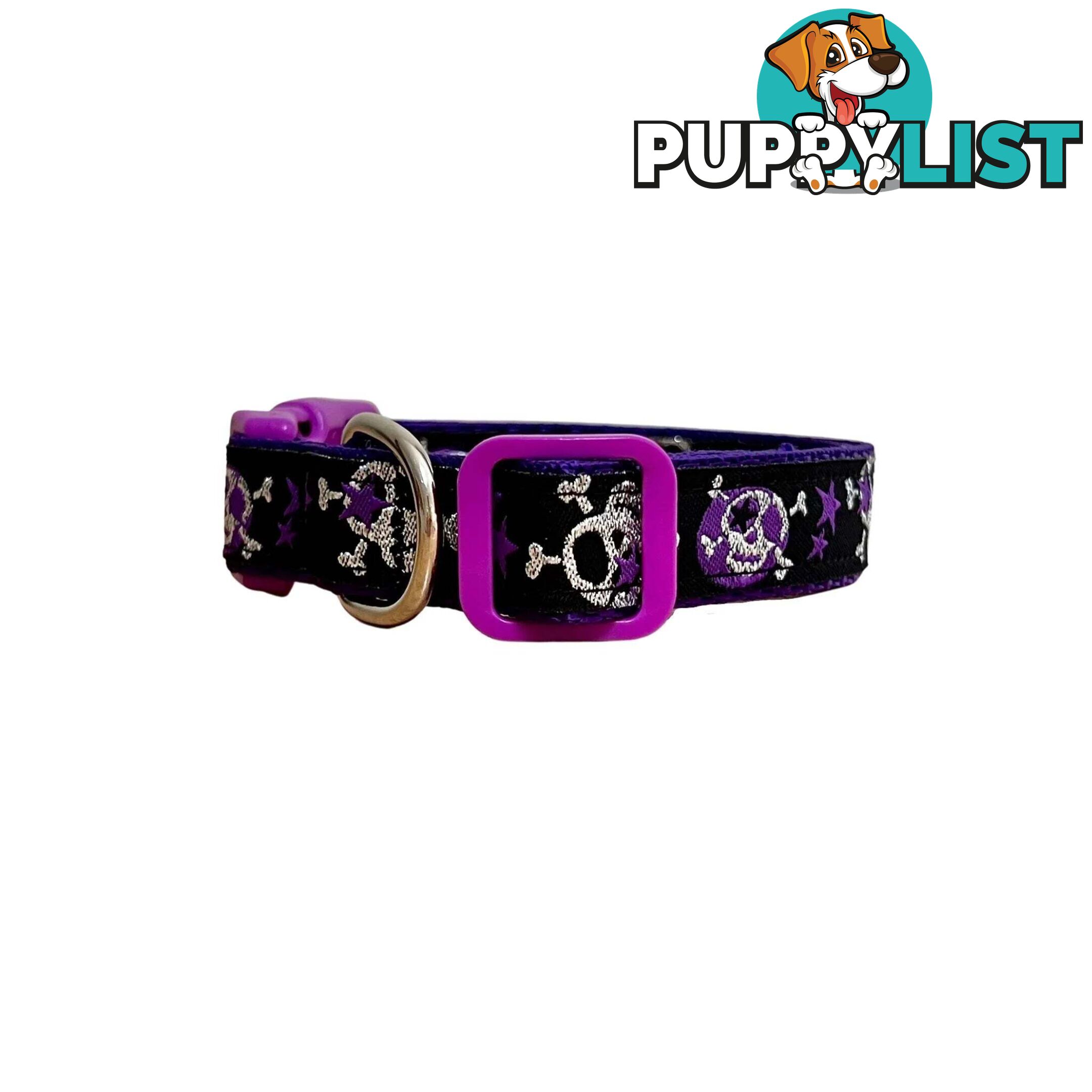 Skulls & Stars Dog Collar - Hand Made by The Bark Side - TBSSKUMEDPUR
