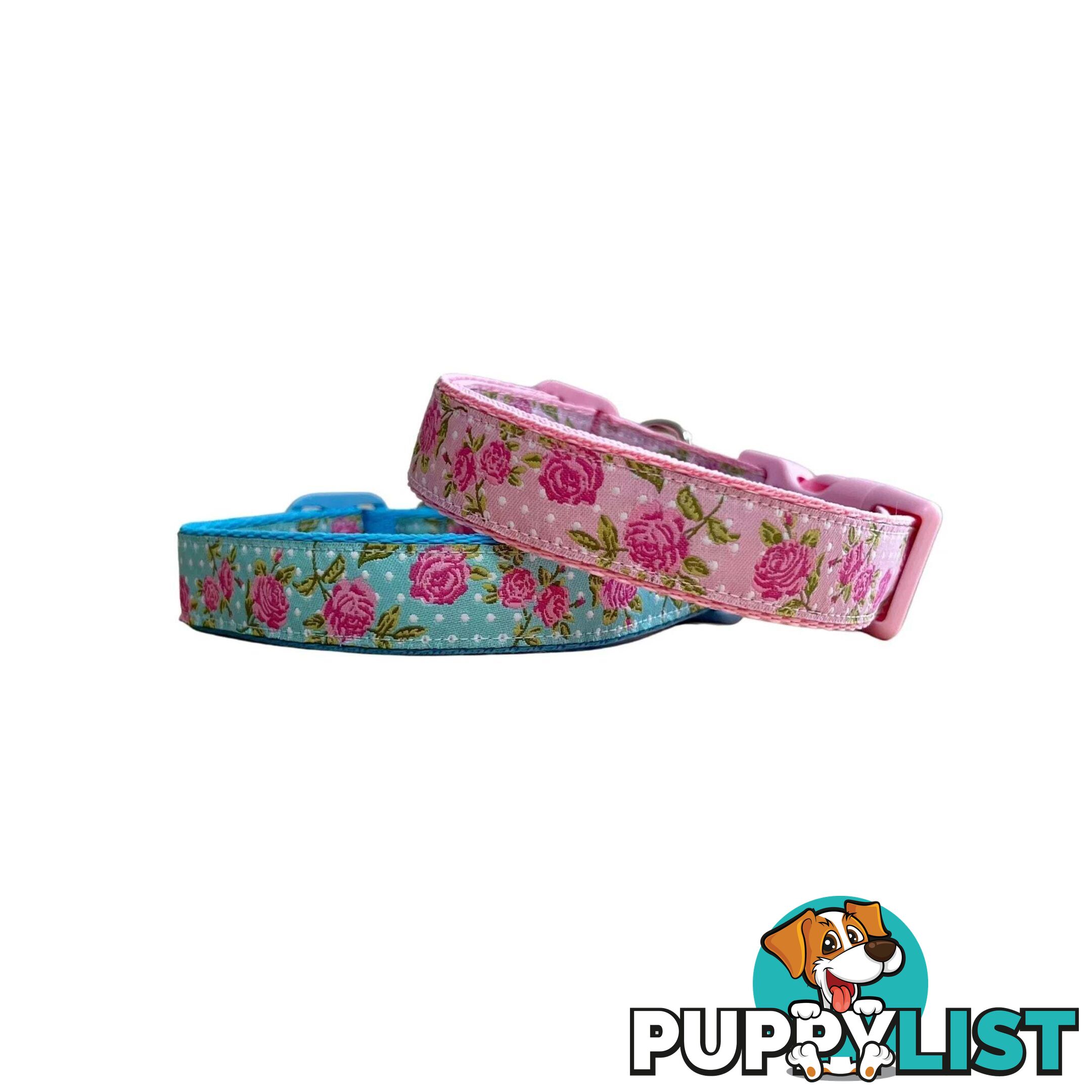 Rose Dog Collar / XS - L - Hand Made by The Bark Side - TBSROSMEDBLU
