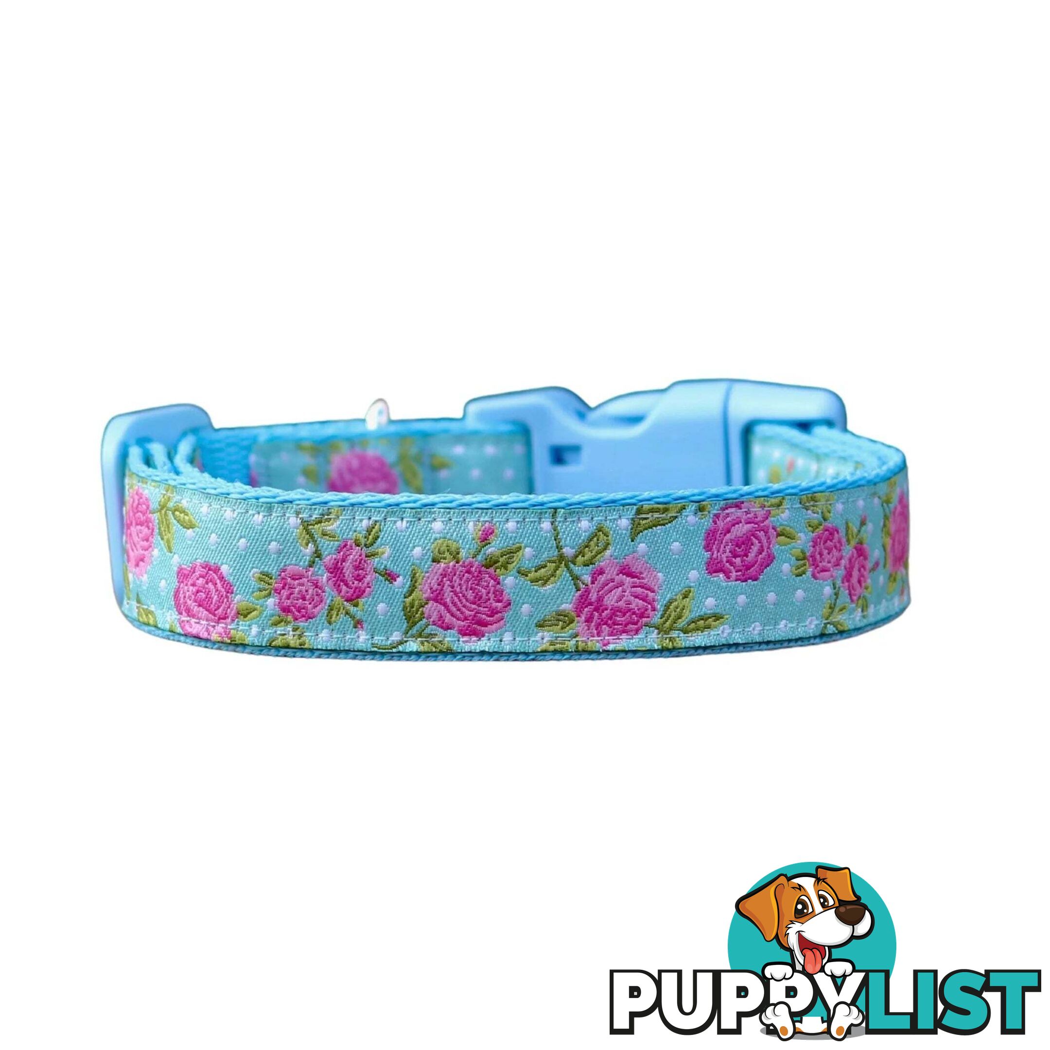 Rose Dog Collar / XS - L - Hand Made by The Bark Side - TBSROSMEDBLU