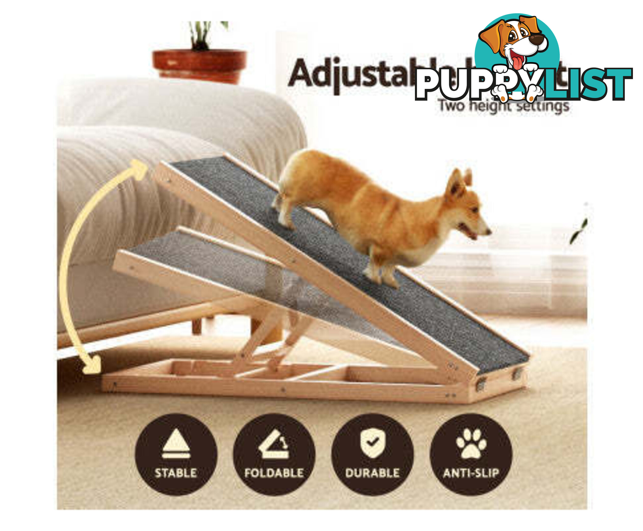 i.Pet Dog Ramp Adjustable Height for Bed, Sofa or Car Foldable - FDR-D-WOOD70-GR
