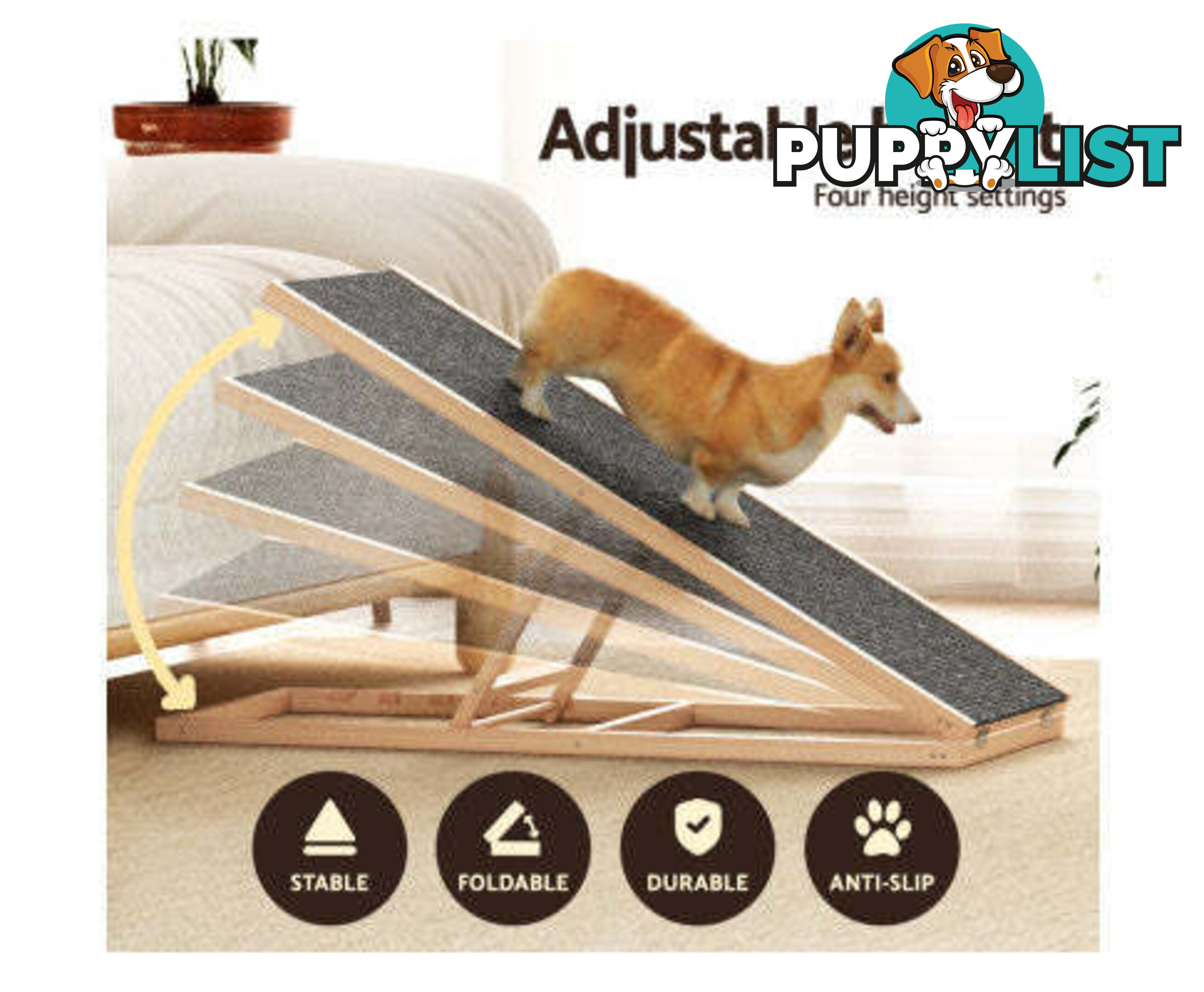 i.Pet Dog Ramp Adjustable Height for Bed, Sofa or Car Foldable - FDR-D-WOOD70-GR