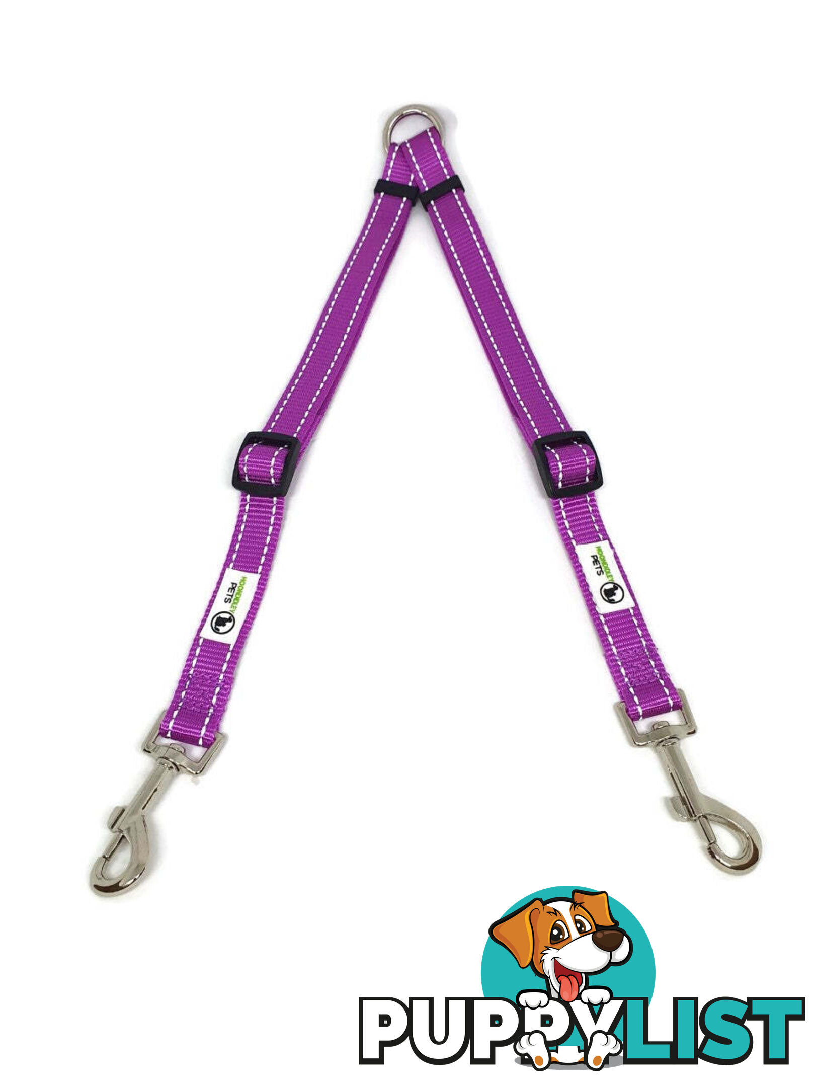 2 Dog Double Lead Coupler, Nylon w/Reflective Stitching - Moondidley Pets - MDPLDCOULLBLU