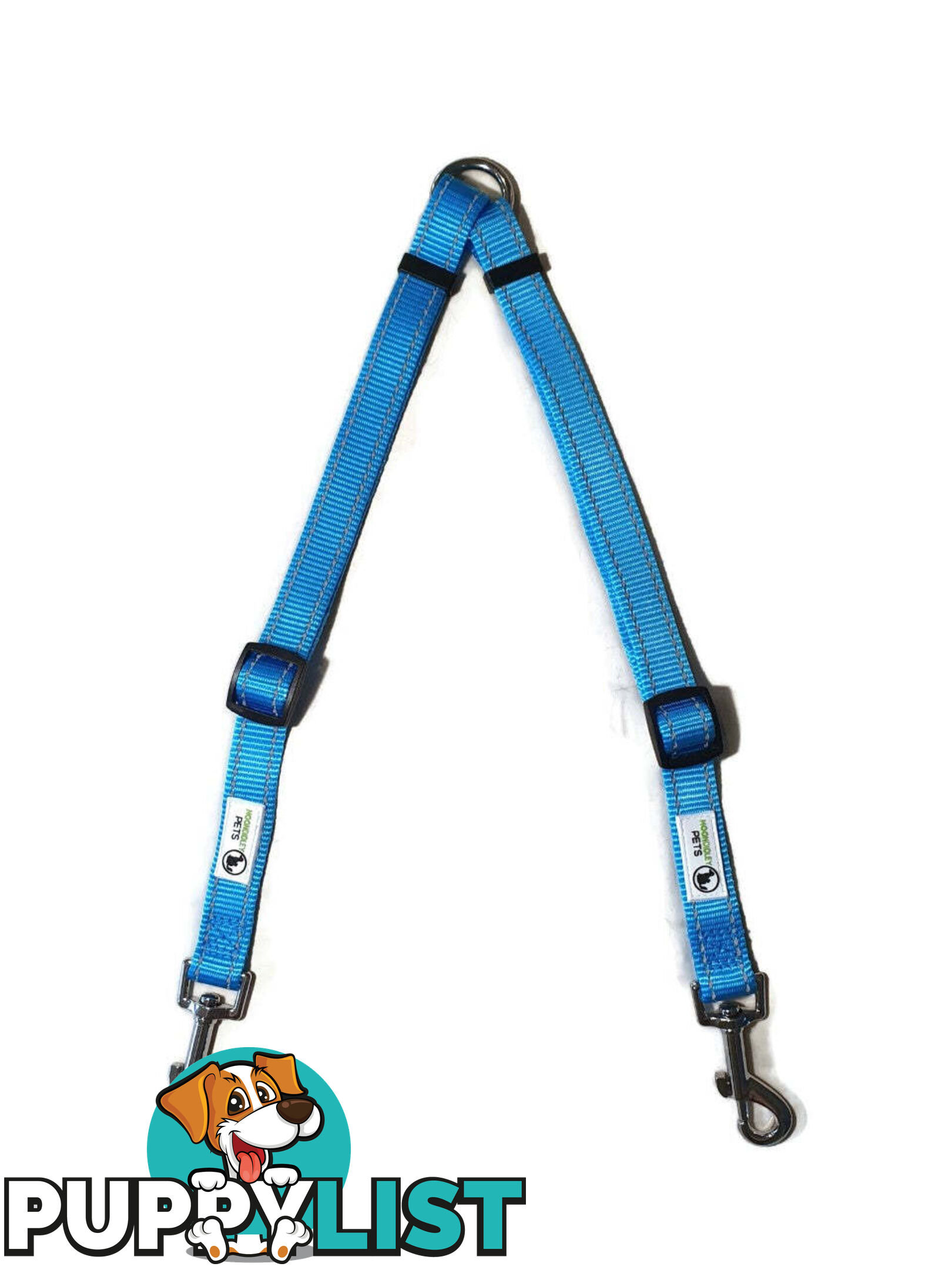 2 Dog Double Lead Coupler, Nylon w/Reflective Stitching - Moondidley Pets - MDPLDCOULLBLU