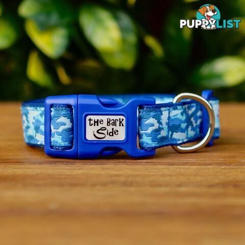 Camouflage Dog Collar - Hand Made by The Bark Side - TBSCAMSMLBLU