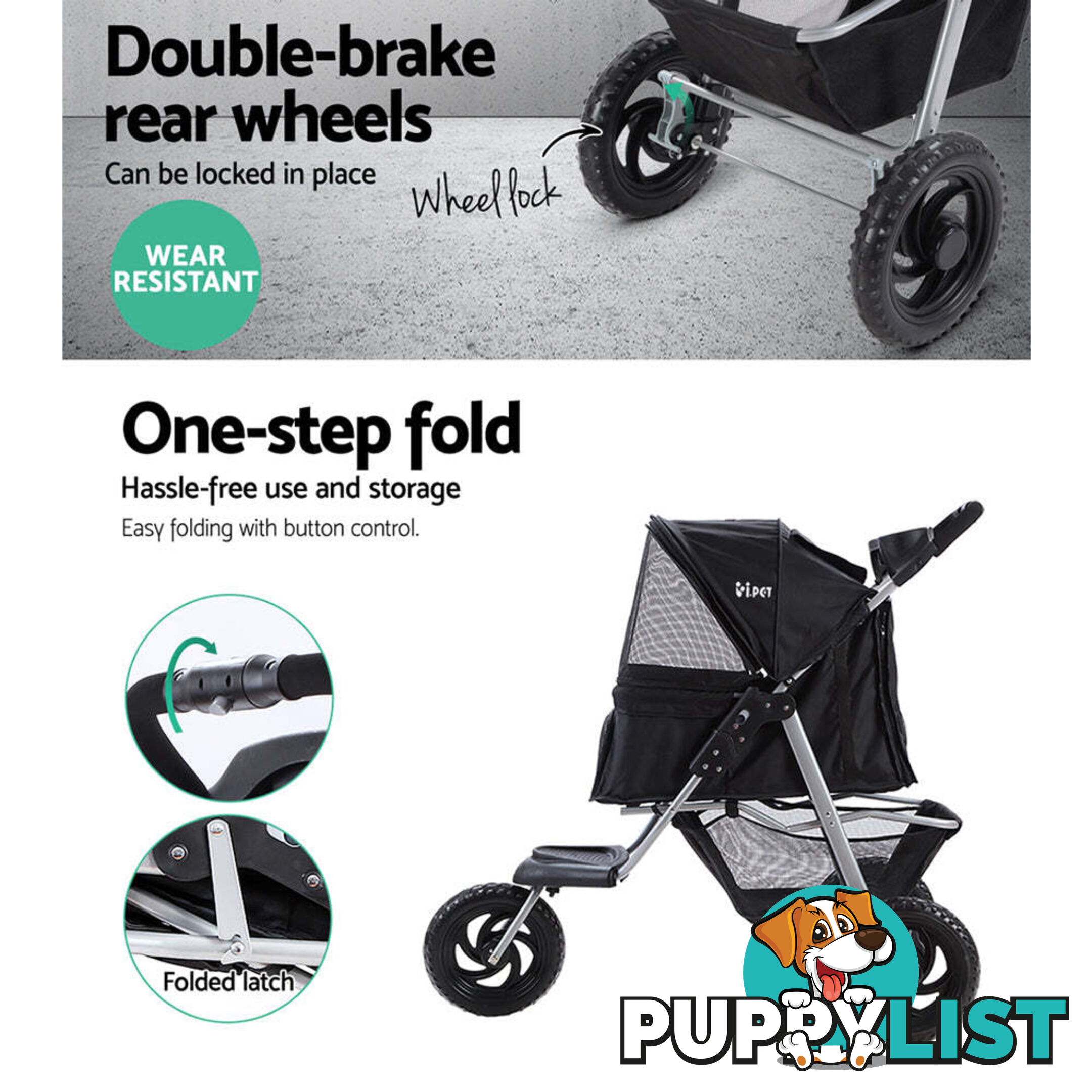 i.Pet Pet Stroller Dog Pram Large Cat Carrier Travel 3 Wheels Foldable Pushchair - PET-STROLLER-3WL-L-BK
