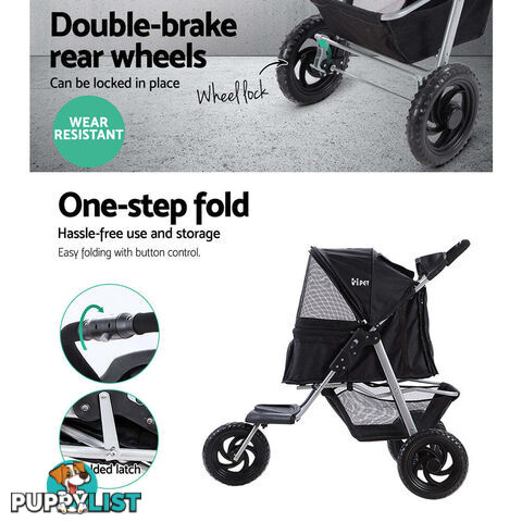 i.Pet Pet Stroller Dog Pram Large Cat Carrier Travel 3 Wheels Foldable Pushchair - PET-STROLLER-3WL-L-BK