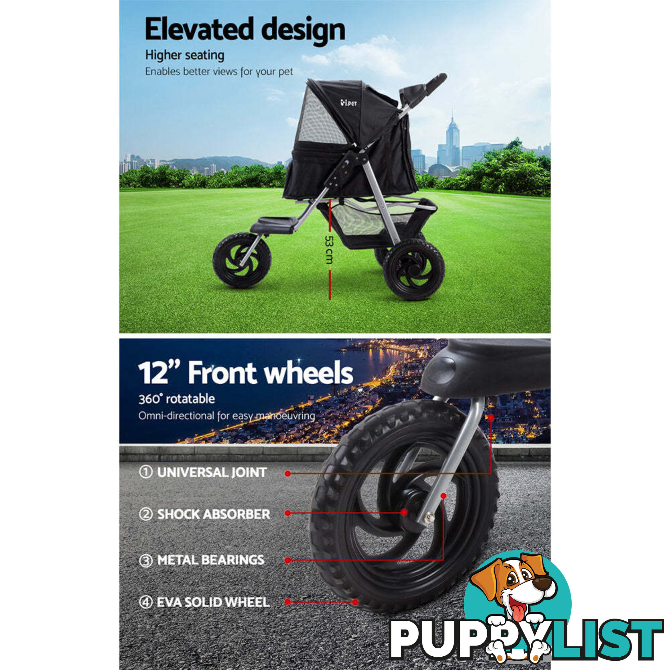 i.Pet Pet Stroller Dog Pram Large Cat Carrier Travel 3 Wheels Foldable Pushchair - PET-STROLLER-3WL-L-BK