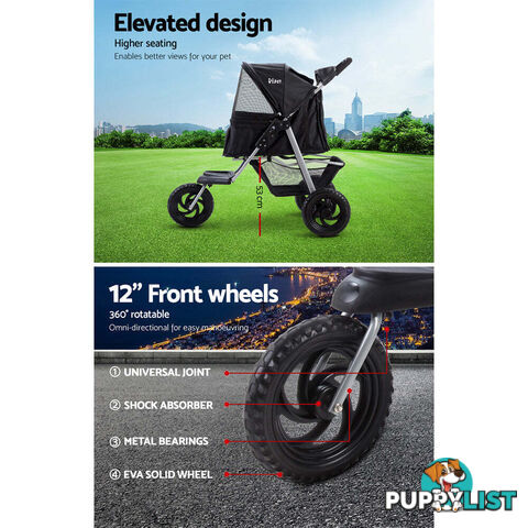 i.Pet Pet Stroller Dog Pram Large Cat Carrier Travel 3 Wheels Foldable Pushchair - PET-STROLLER-3WL-L-BK