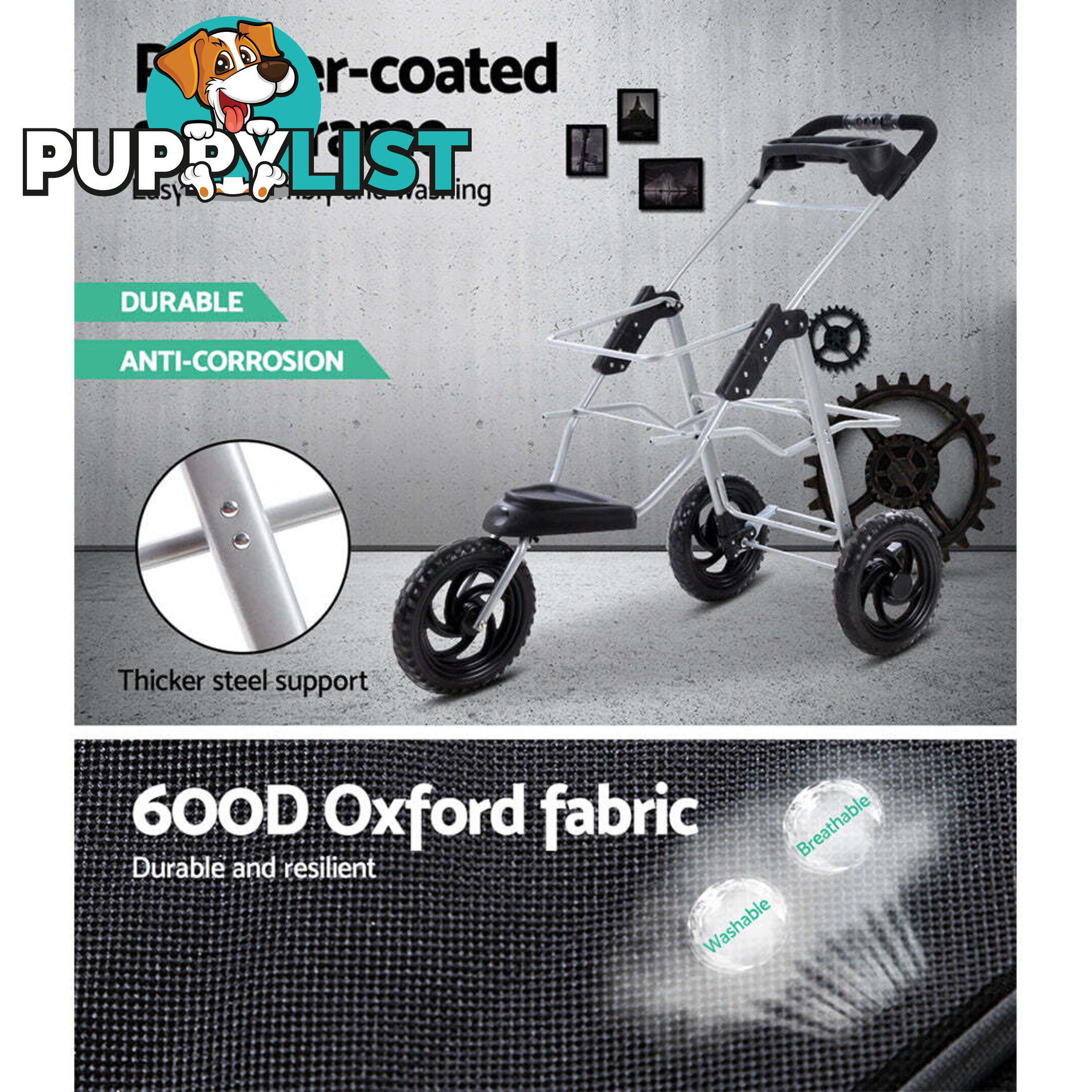 i.Pet Pet Stroller Dog Pram Large Cat Carrier Travel 3 Wheels Foldable Pushchair - PET-STROLLER-3WL-L-BK