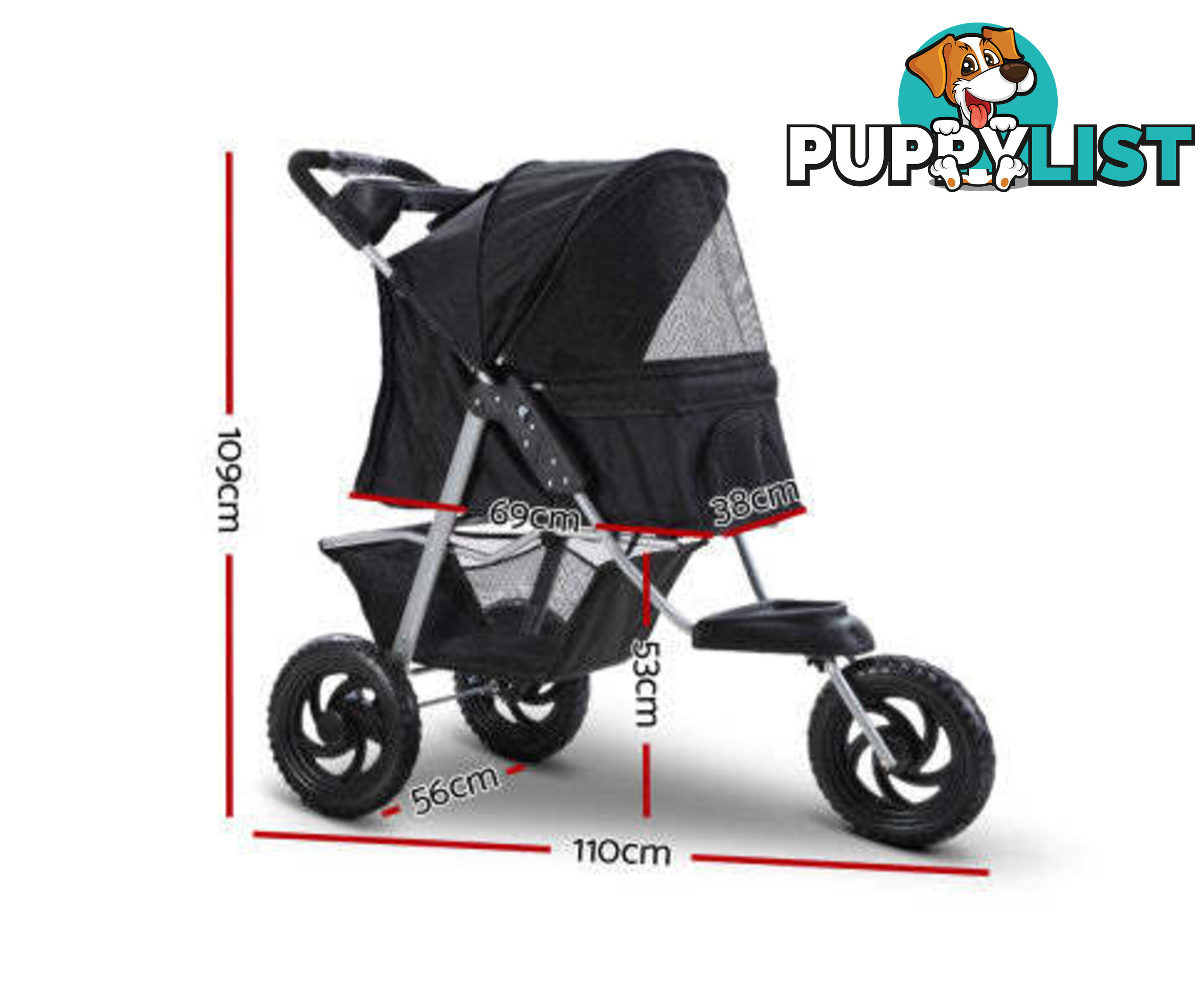i.Pet Pet Stroller Dog Pram Large Cat Carrier Travel 3 Wheels Foldable Pushchair - PET-STROLLER-3WL-L-BK