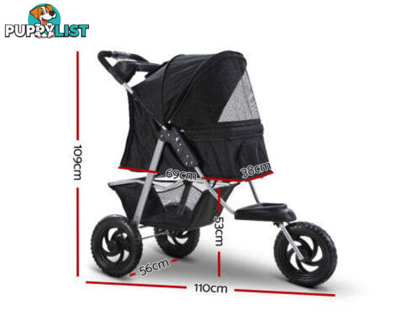 i.Pet Pet Stroller Dog Pram Large Cat Carrier Travel 3 Wheels Foldable Pushchair - PET-STROLLER-3WL-L-BK