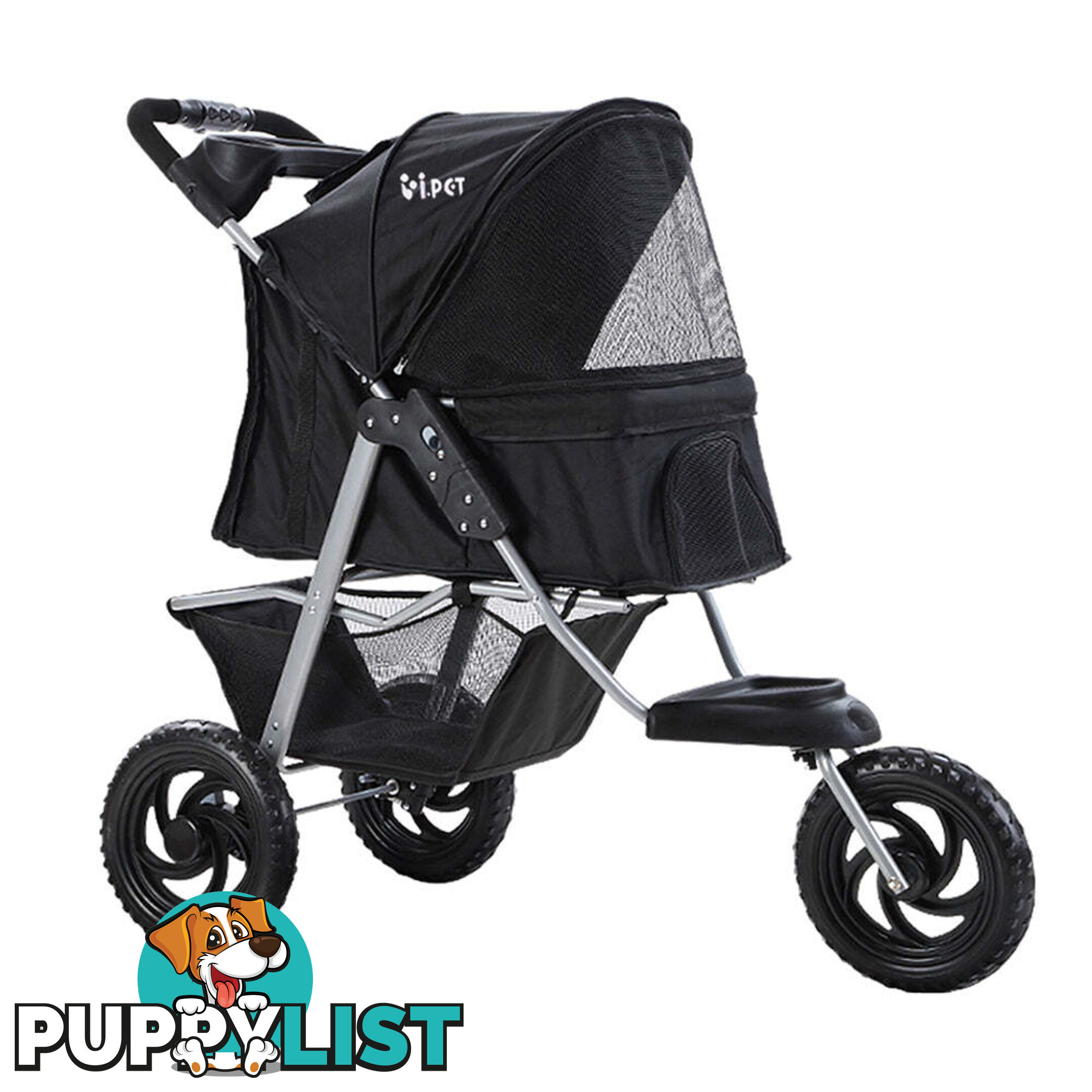 i.Pet Pet Stroller Dog Pram Large Cat Carrier Travel 3 Wheels Foldable Pushchair - PET-STROLLER-3WL-L-BK