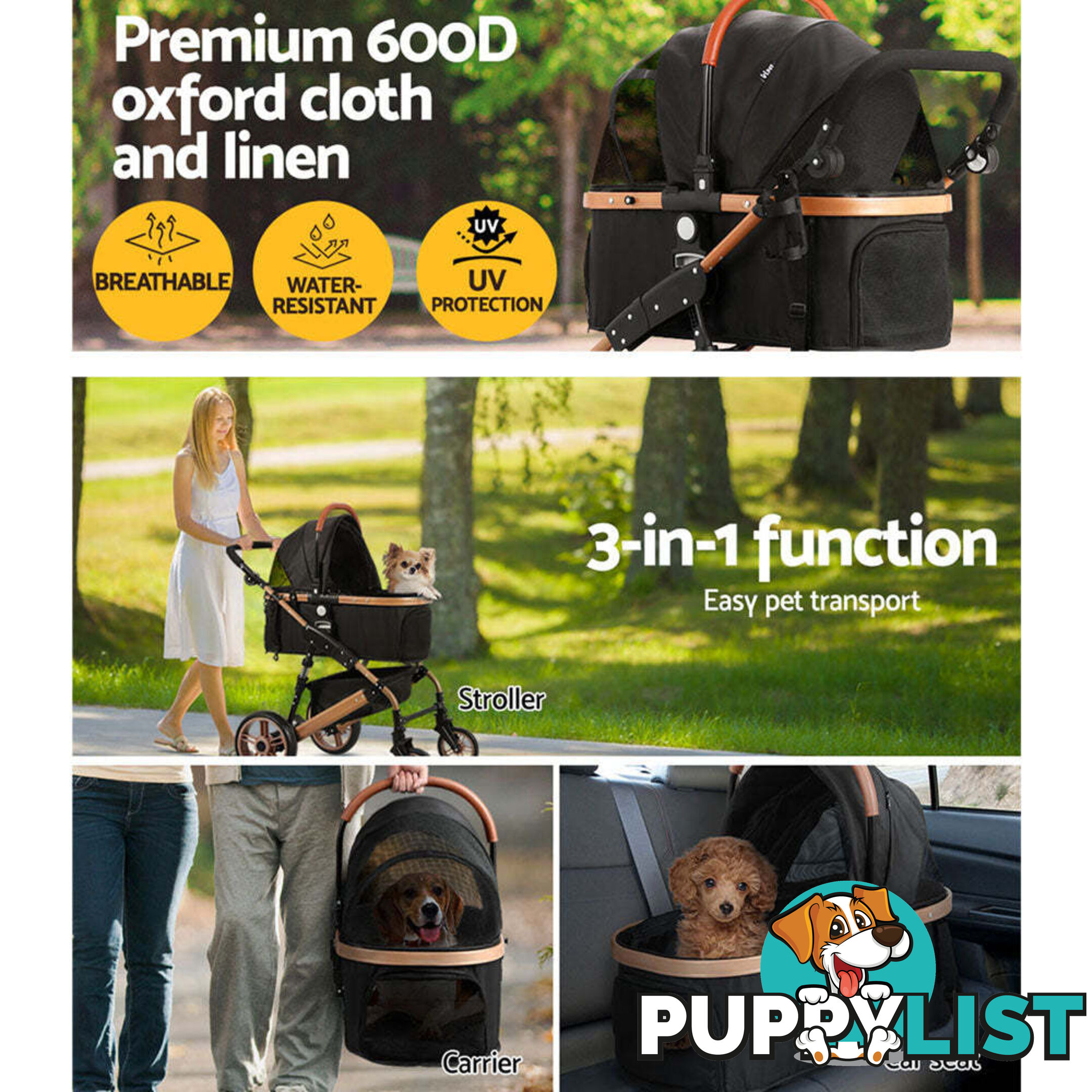 i.Pet Pet Stroller Dog Pram Large Cat Carrier Travel Foldable Pushchair 4 Wheels - PET-STROLLER-110-BK