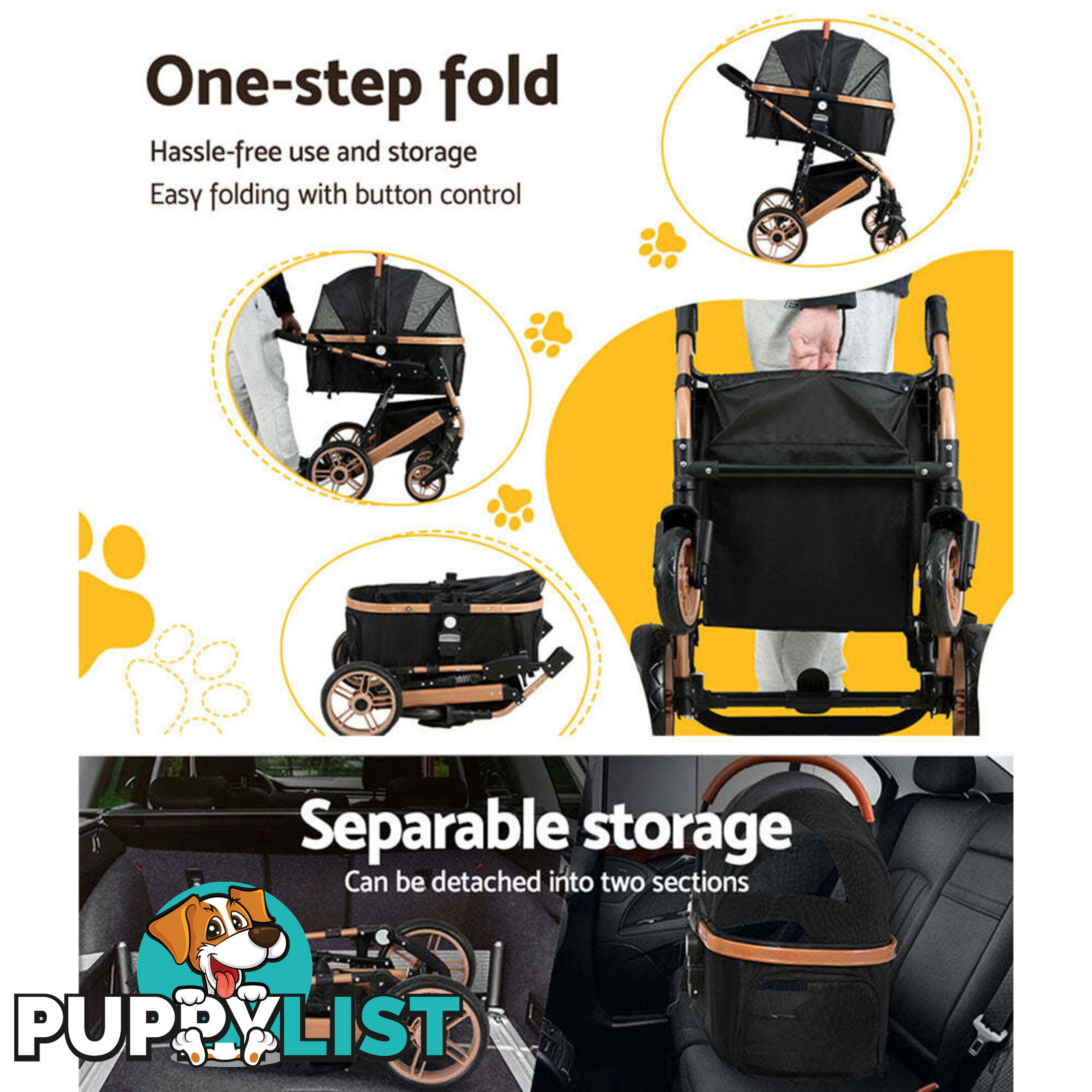 i.Pet Pet Stroller Dog Pram Large Cat Carrier Travel Foldable Pushchair 4 Wheels - PET-STROLLER-110-BK