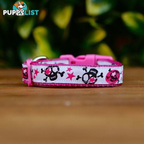 Skulls & Stars Dog Collar - Hand Made by The Bark Side - TBSSKUSMLPNK