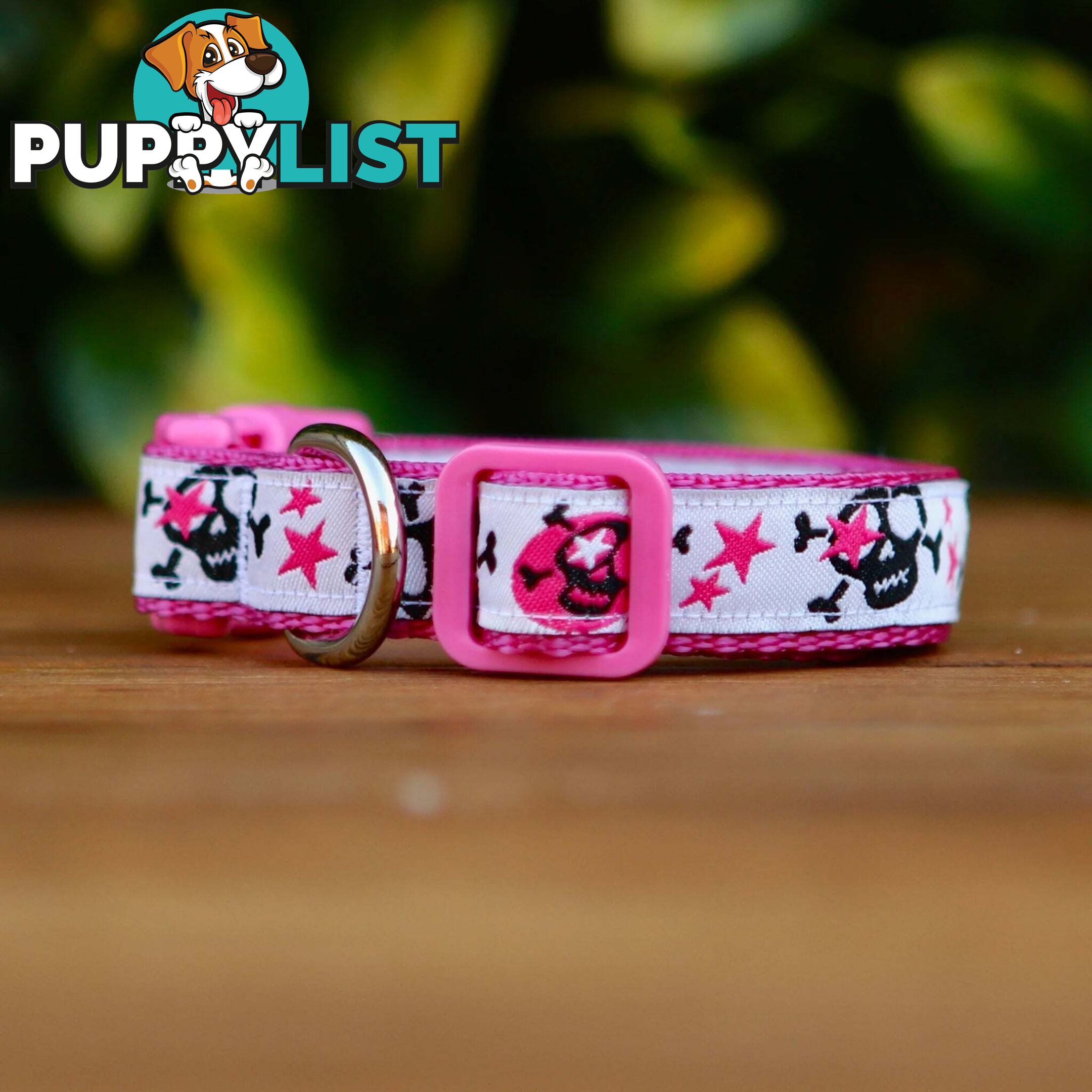 Skulls & Stars Dog Collar - Hand Made by The Bark Side - TBSSKUSMLPNK