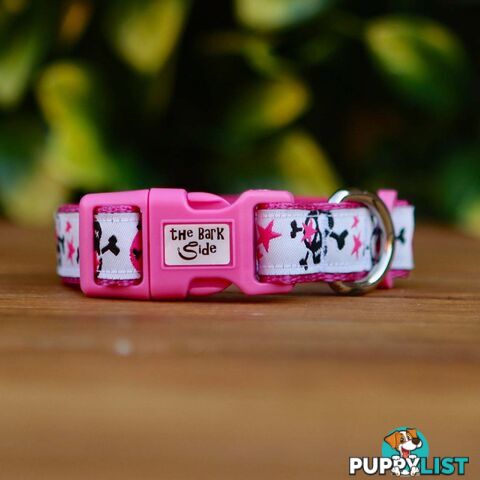 Skulls & Stars Dog Collar - Hand Made by The Bark Side - TBSSKUSMLPNK