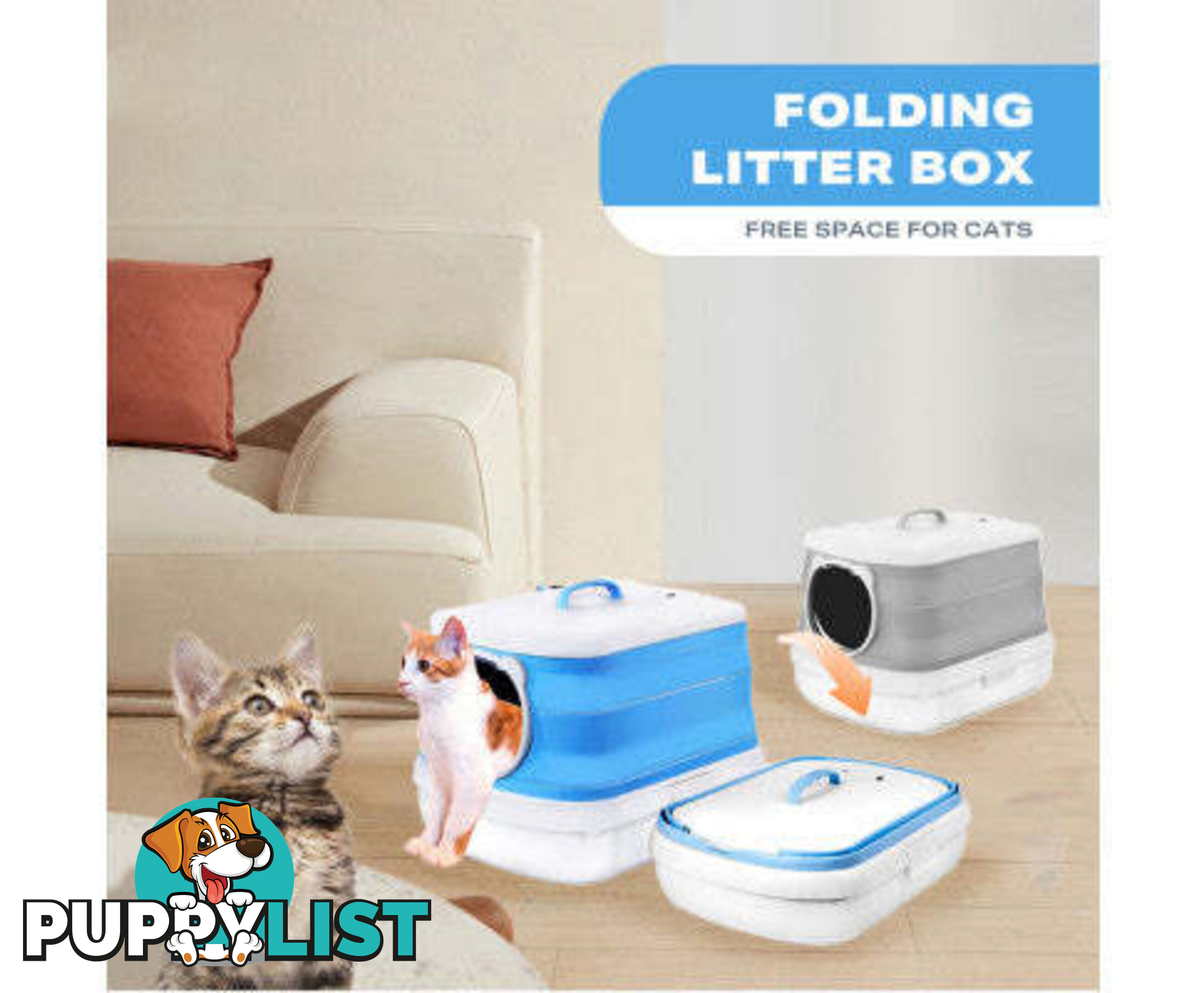 Large Foldable Plastic Cat Litter Box - Easy Cleaning - V488-PCFCB-BU