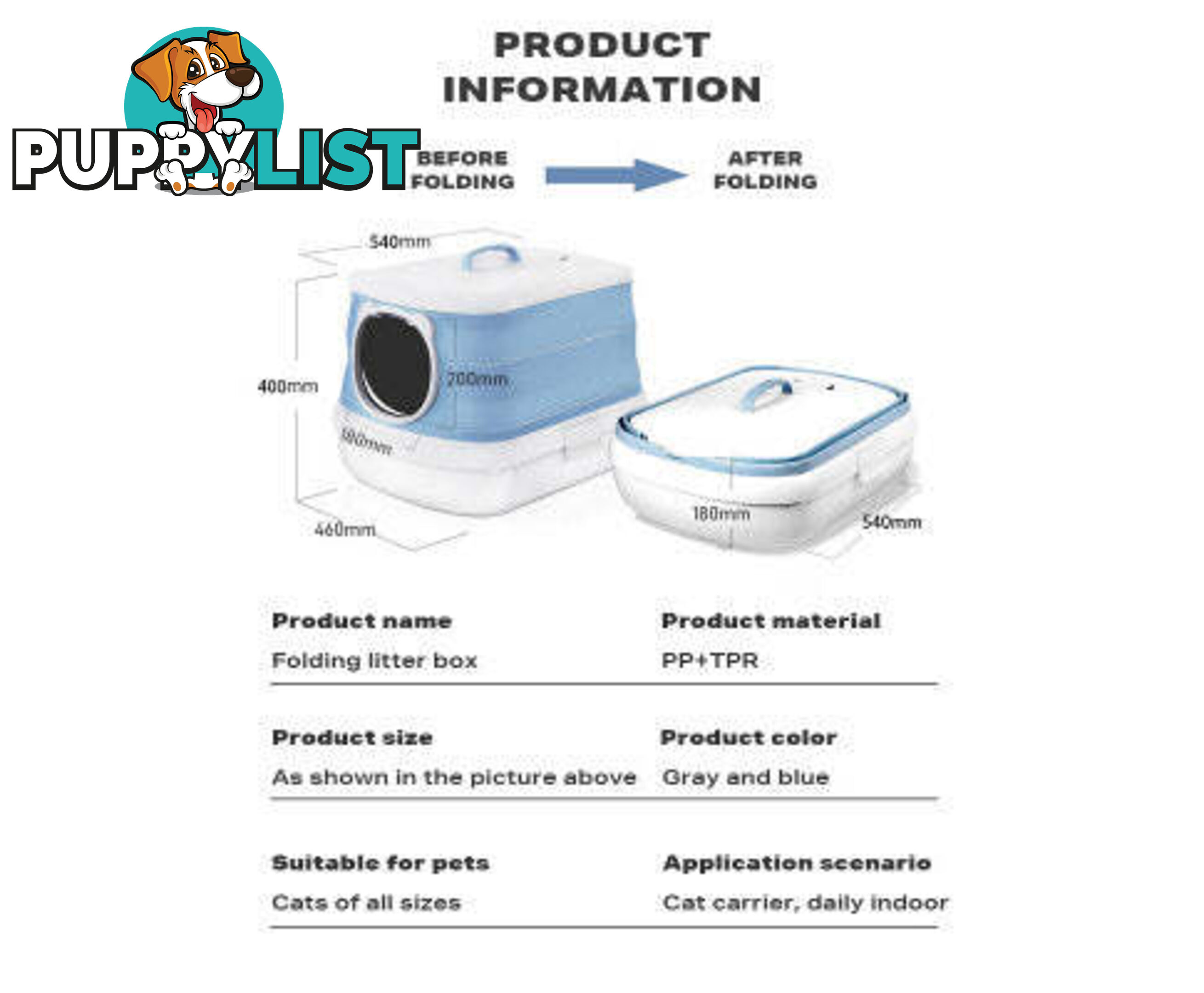 Large Foldable Plastic Cat Litter Box - Easy Cleaning - V488-PCFCB-BU
