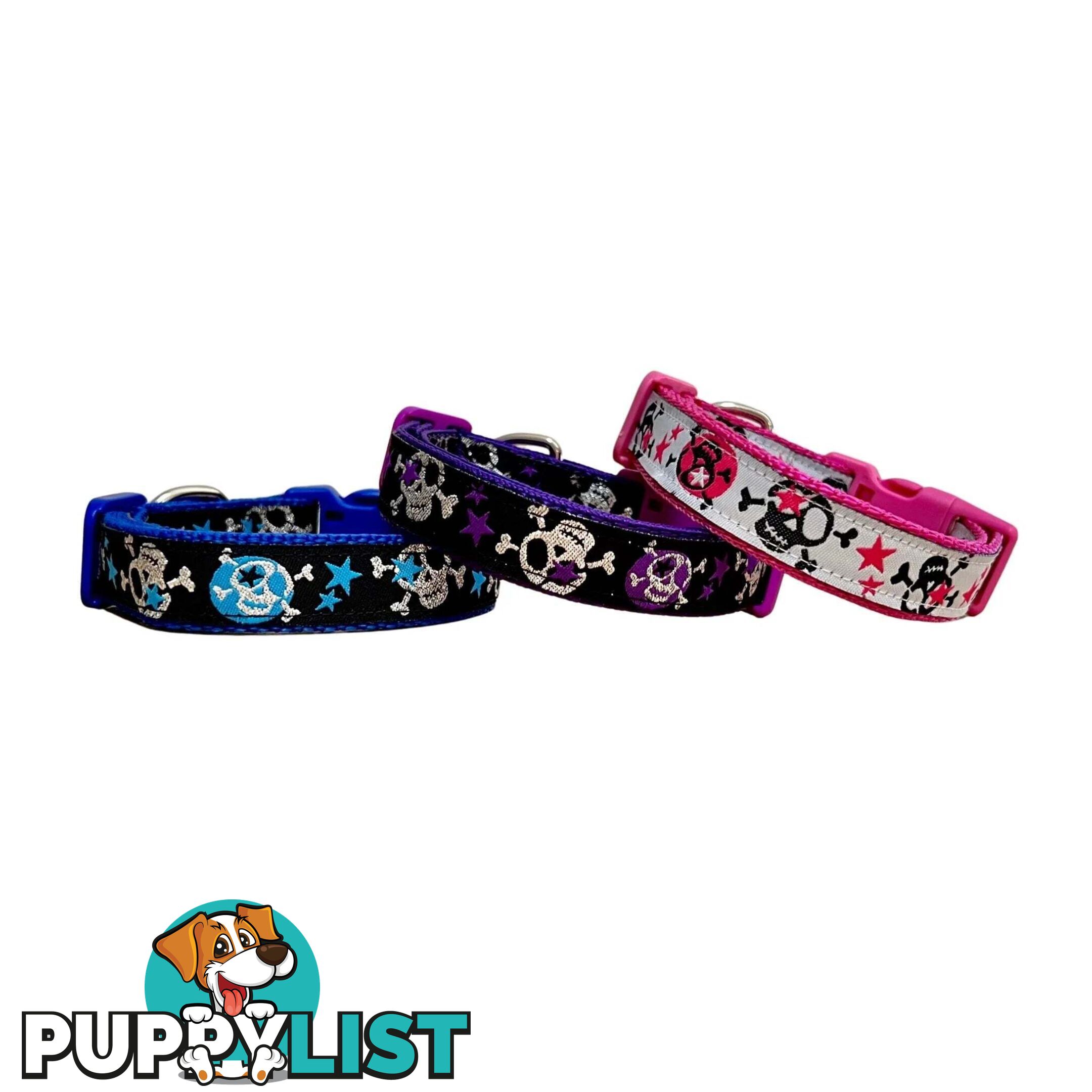Skulls & Stars Dog Collar - Hand Made by The Bark Side - TBSSKUMEDPNK