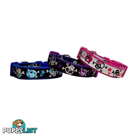 Skulls & Stars Dog Collar - Hand Made by The Bark Side - TBSSKUMEDPNK