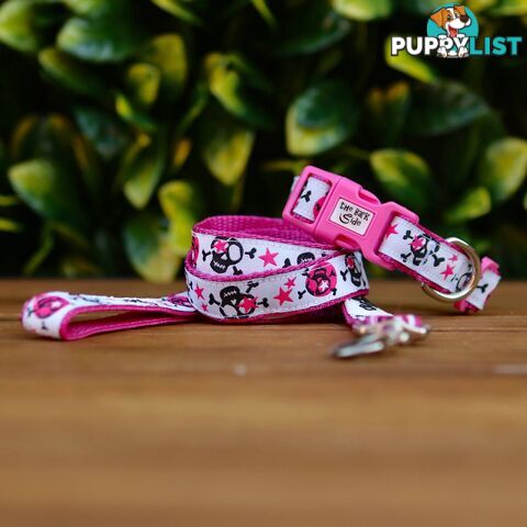 Skulls & Stars Dog Collar - Hand Made by The Bark Side - TBSSKUMEDPNK