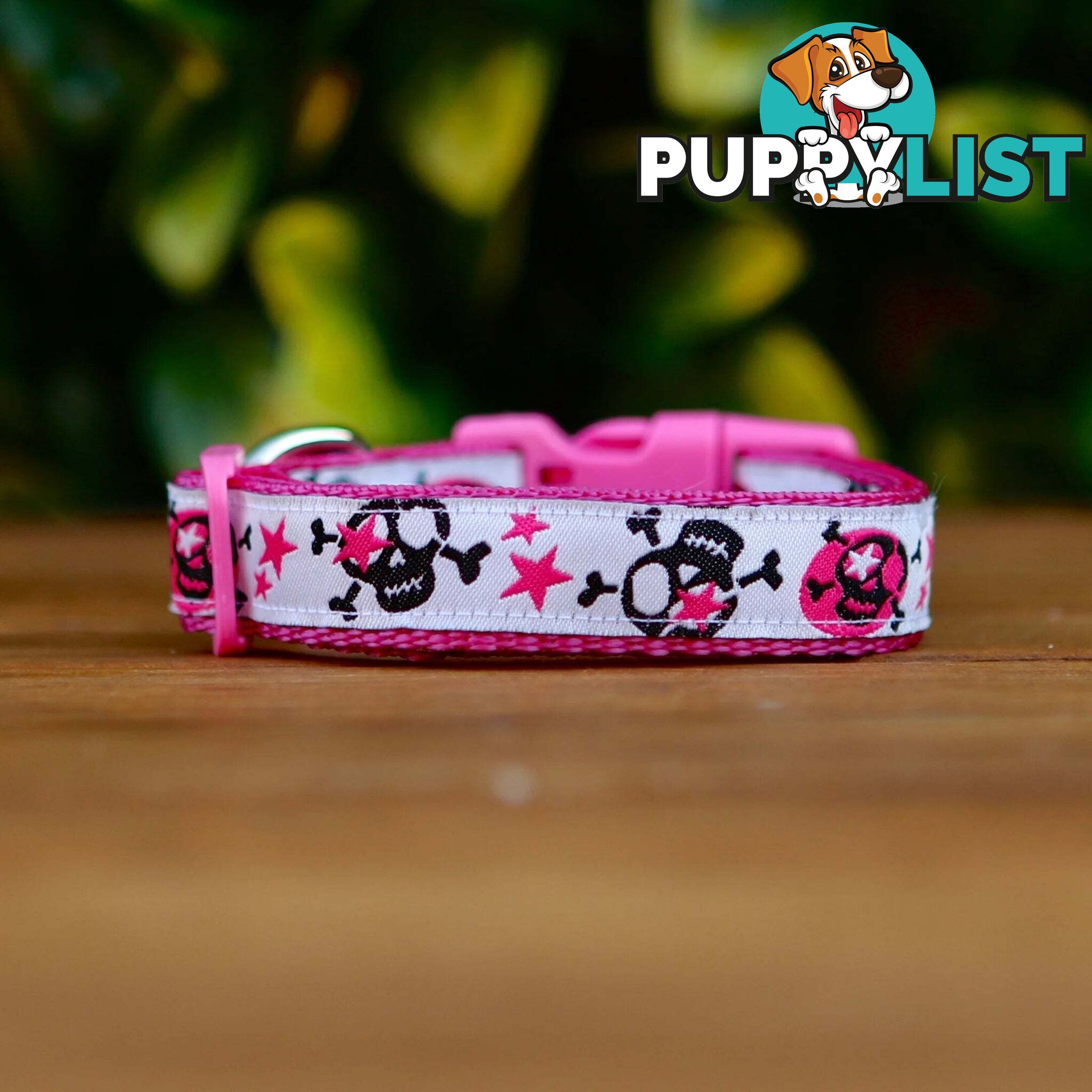 Skulls & Stars Dog Collar - Hand Made by The Bark Side - TBSSKUMEDPNK
